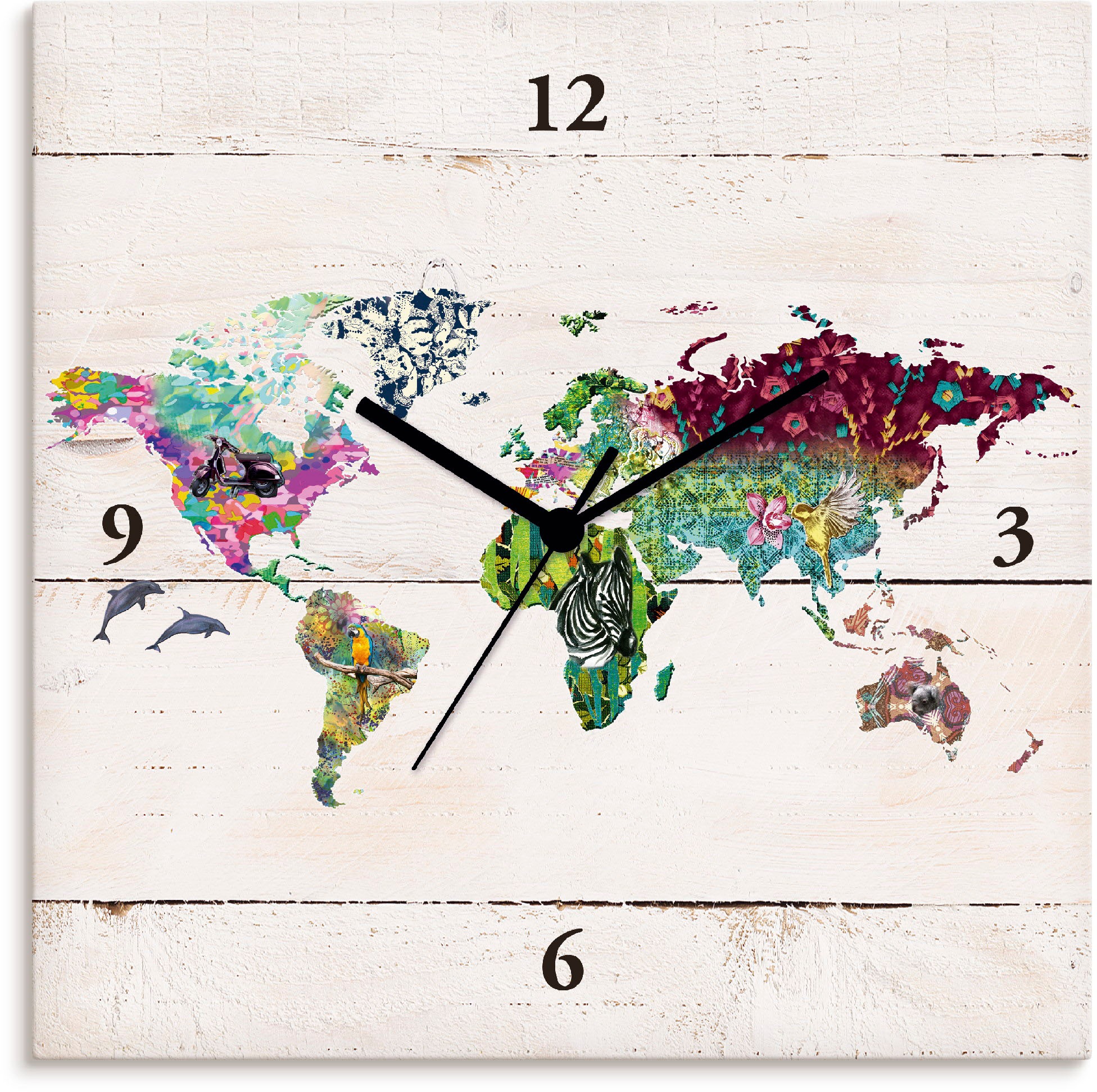 Image of Artland Wanduhr »Bunte Welt auf hölzernem Untergrund«, lautlos, ohne Tickgeräusche, nicht tickend, geräuschlos - wählbar: Funkuhr o. Quarzuhr, moderne Uhr für Wohnzimmer, Küche etc. - Stil: modern bei Ackermann Versand Schweiz