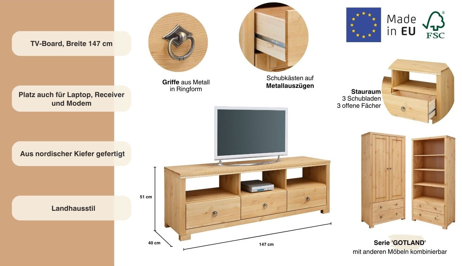 GOODproduct TV-Board »Gotland« Breite 147 cm, mit Schubladen und offenen Fächern, Massivholz, FSC®
