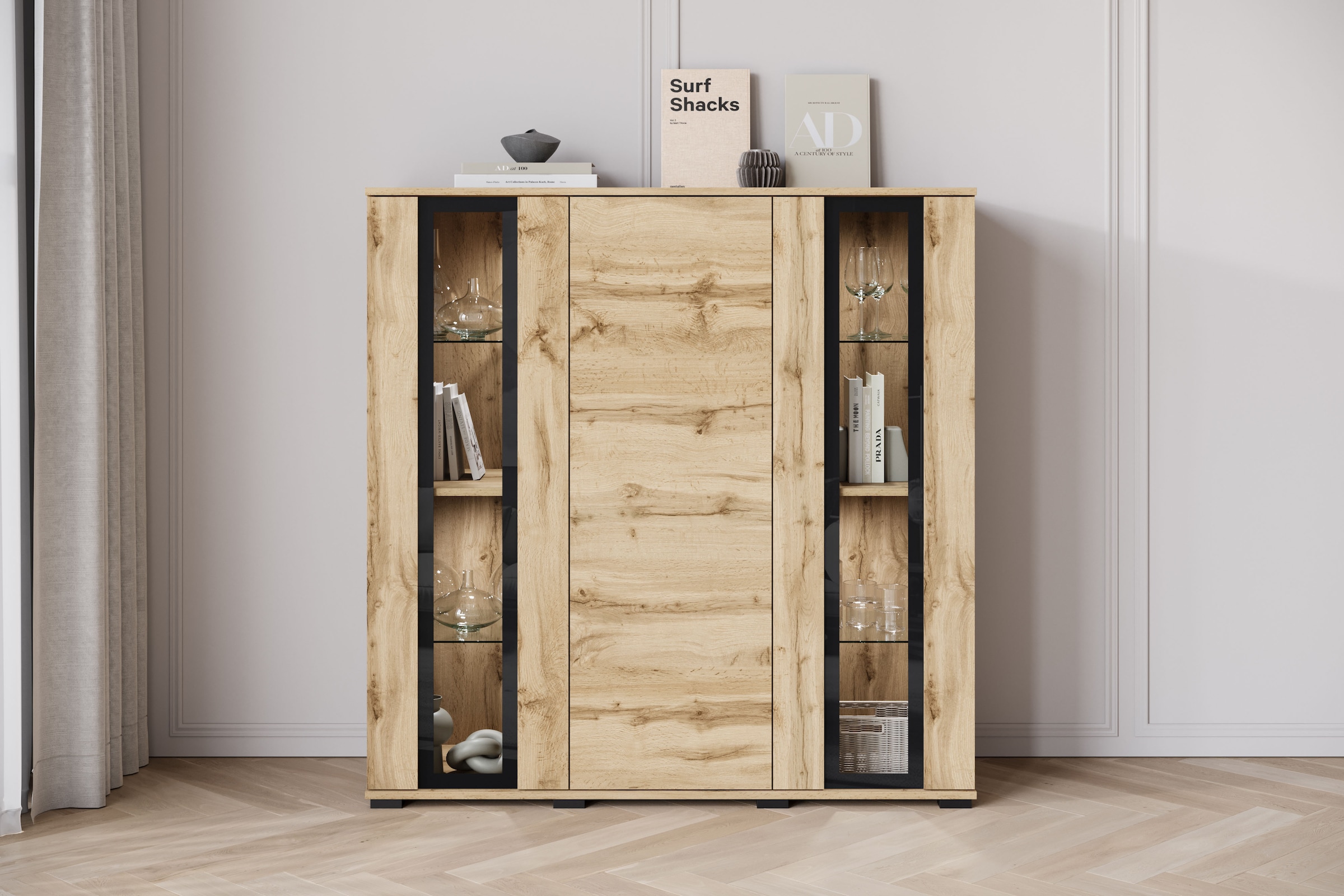 Home affaire Highboard »Caro, modernes Design mit Glaseinsätzen, Breite 120 cm« 1 Stk. tlg. grifflose Fronten mit Push-to-Open, höhenverstellbare Einlegeböden