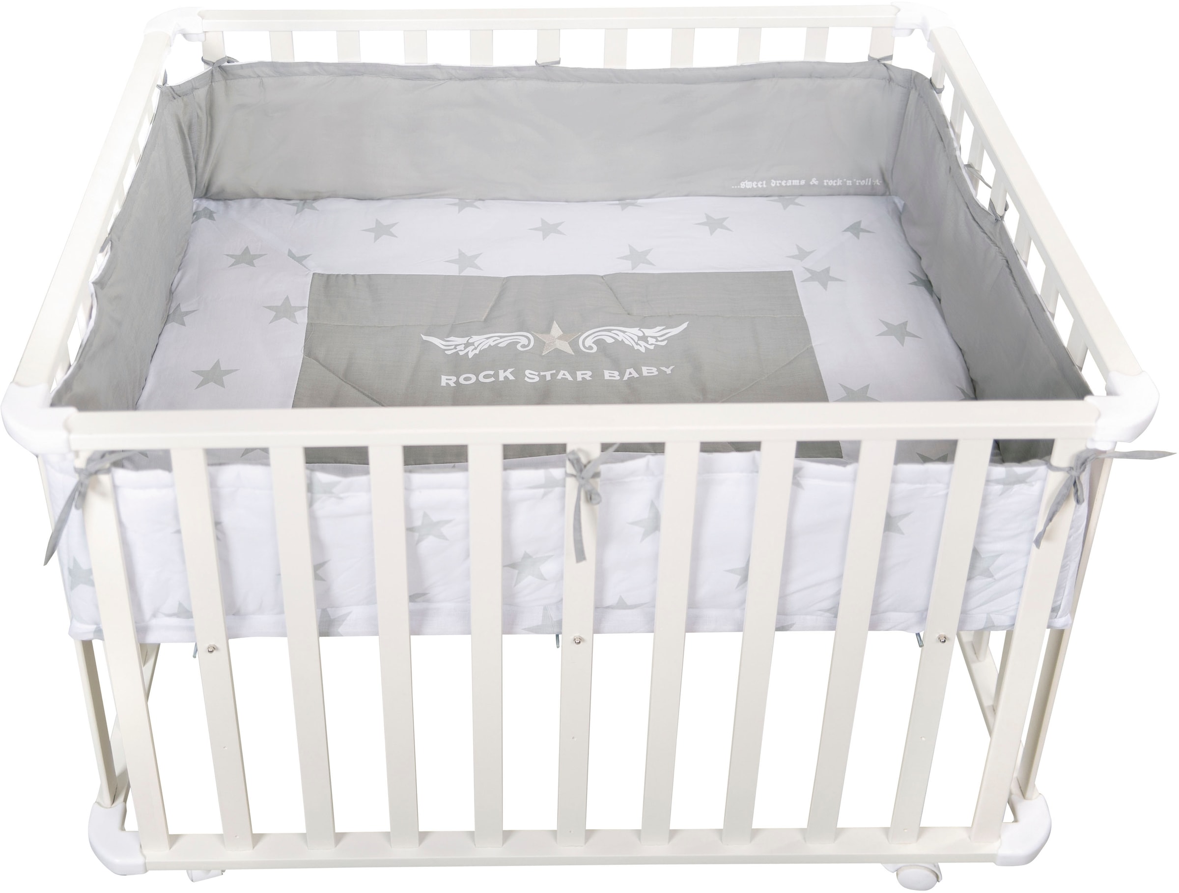 roba® Laufgitter »Rock Star Baby, weiss, 75x100 cm«, bis 15 kg, mit Stoffeinlage; Rollen, höhenverstellbar