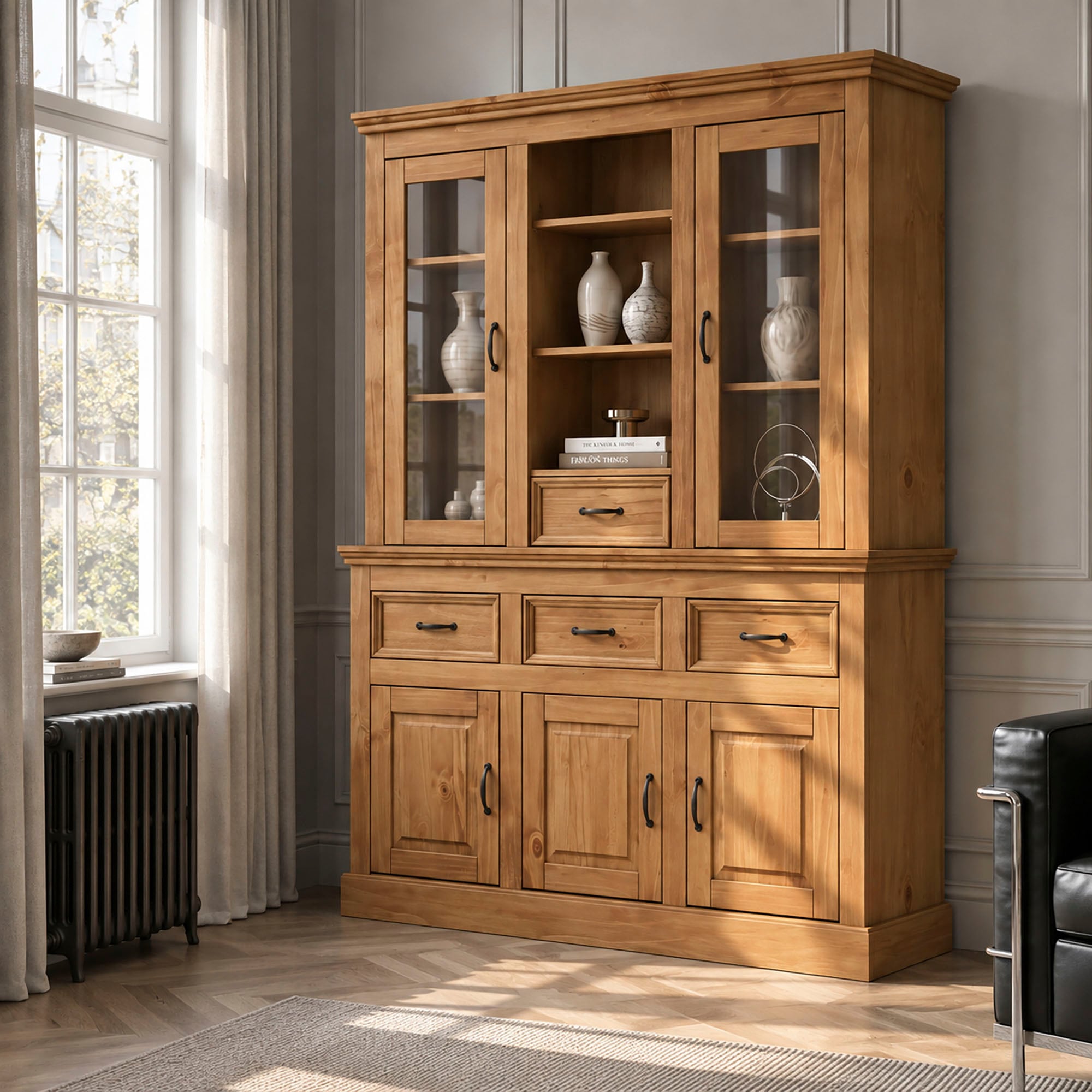 GOODproduct Buffet »Selma Buffetschrank, 5 Türen, 2 davon mit Glaseinsatz & 4 Schubladen« massives Kiefernholz mit Griffen aus Metall und dekorative Fräsung