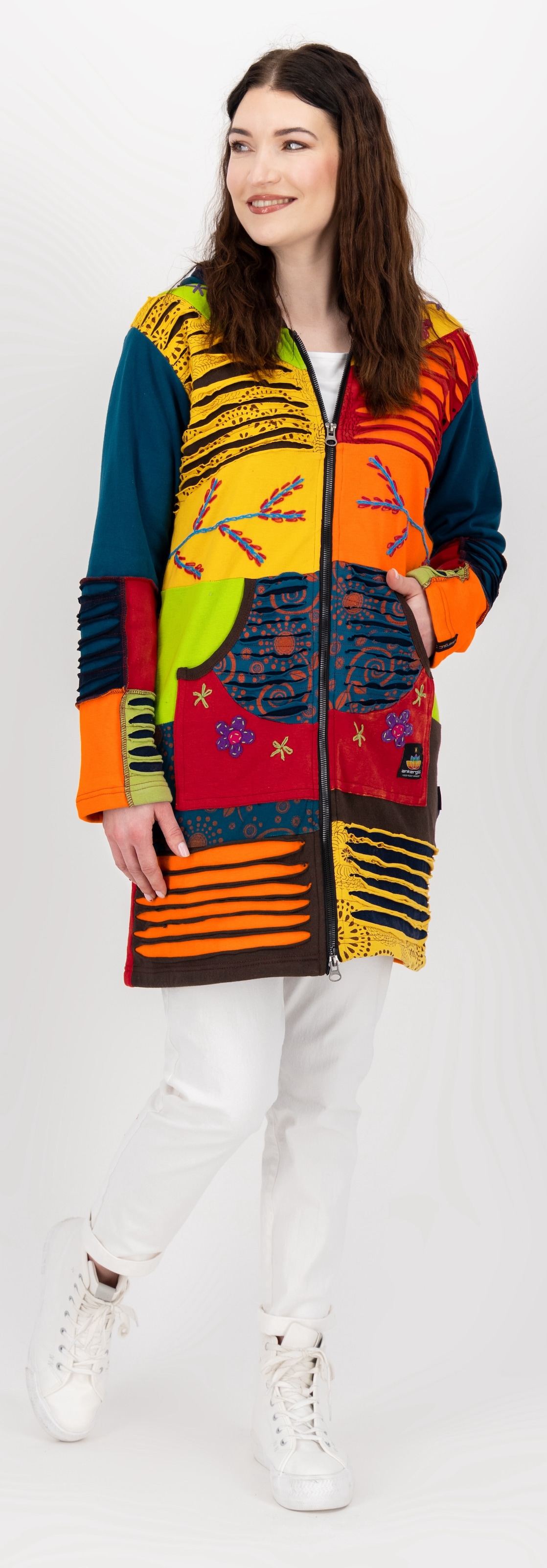 DEPROC Active Fleecejacke »Patchwork NUNAVUT LONG WMN« mit Kapuze auch in Grossen Grössen erhältlich
