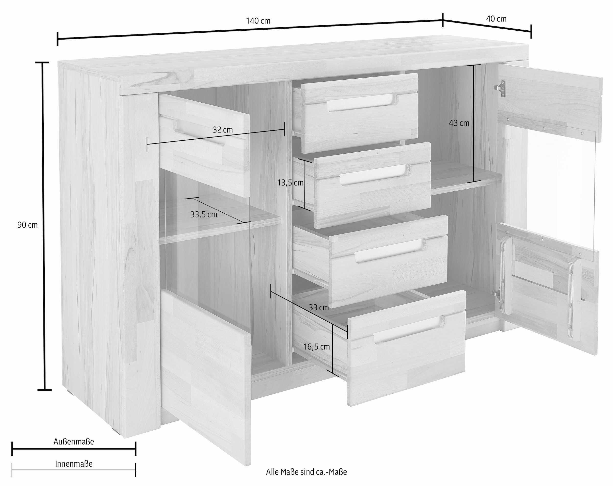 Home affaire Sideboard »Kolding«, Breite 140 cm mit 2 Glastüren