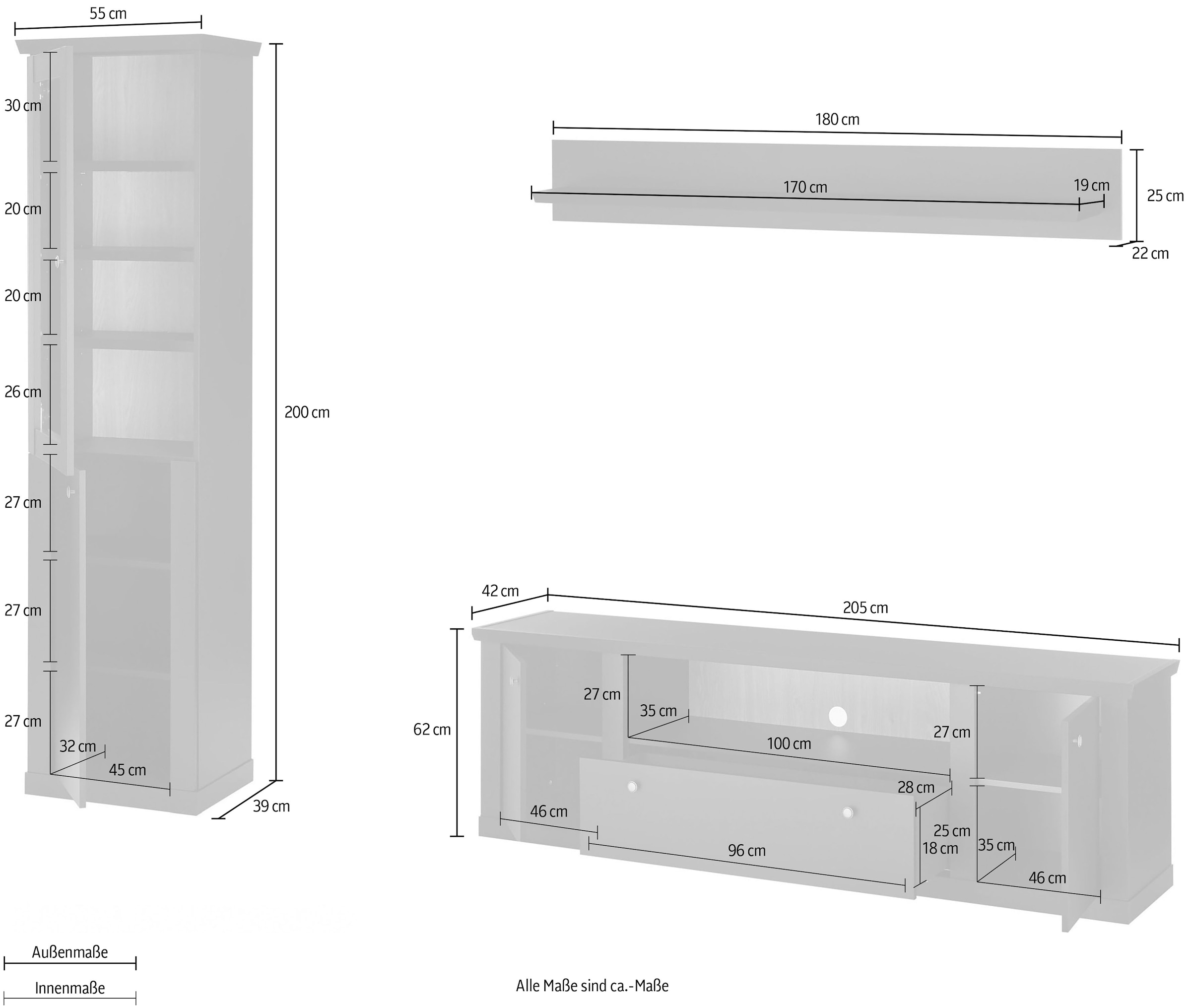 Home affaire Wohnwand »Lincoln, moderne Anbauwand, Komplettset im Landhausstil« Komplett-Set, 3 Stk. tlg.