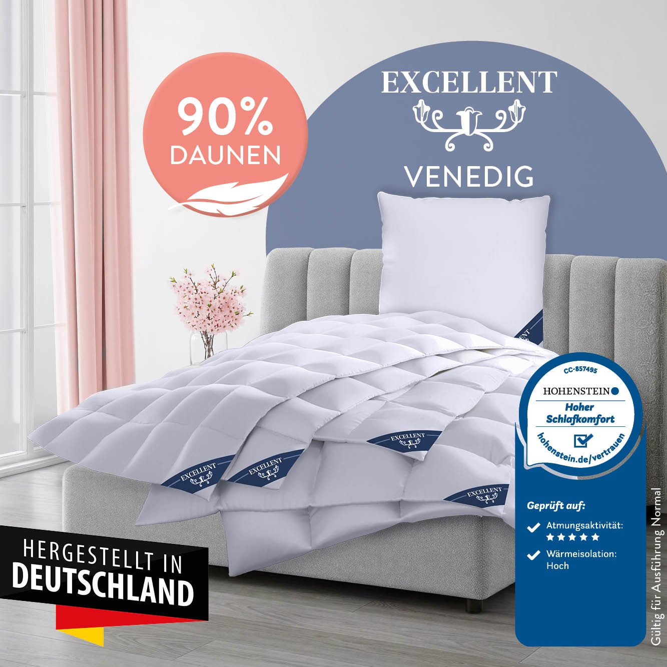 Image of Excellent Daunenbettdecke "VENEDIG, Bettdecken für Sommer und Winter, Decke" normal Füllung 90Daunen10Federn 1 Stk. tlg. Bettdecke 135x200 cm, 155x220cm und weitere Grössen, Made in Germany