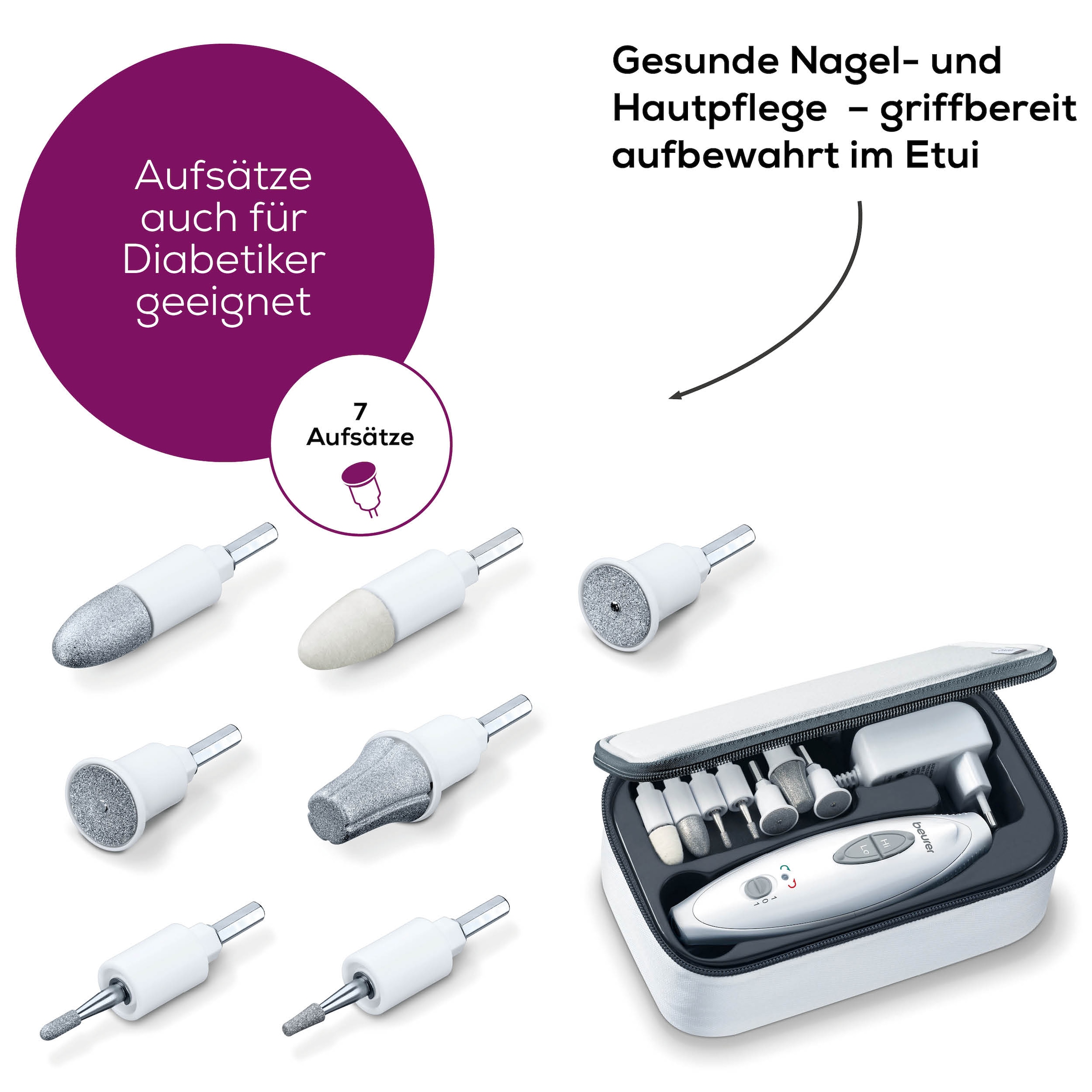 BEURER Maniküre-Pediküre-Set »MP 41 elektrische Nagelfeile, für gepflegte Hände und Füsse zuhause«, Inkl. 7 Aufsätze aus Saphir und Filz, mit LED-Licht und Etui