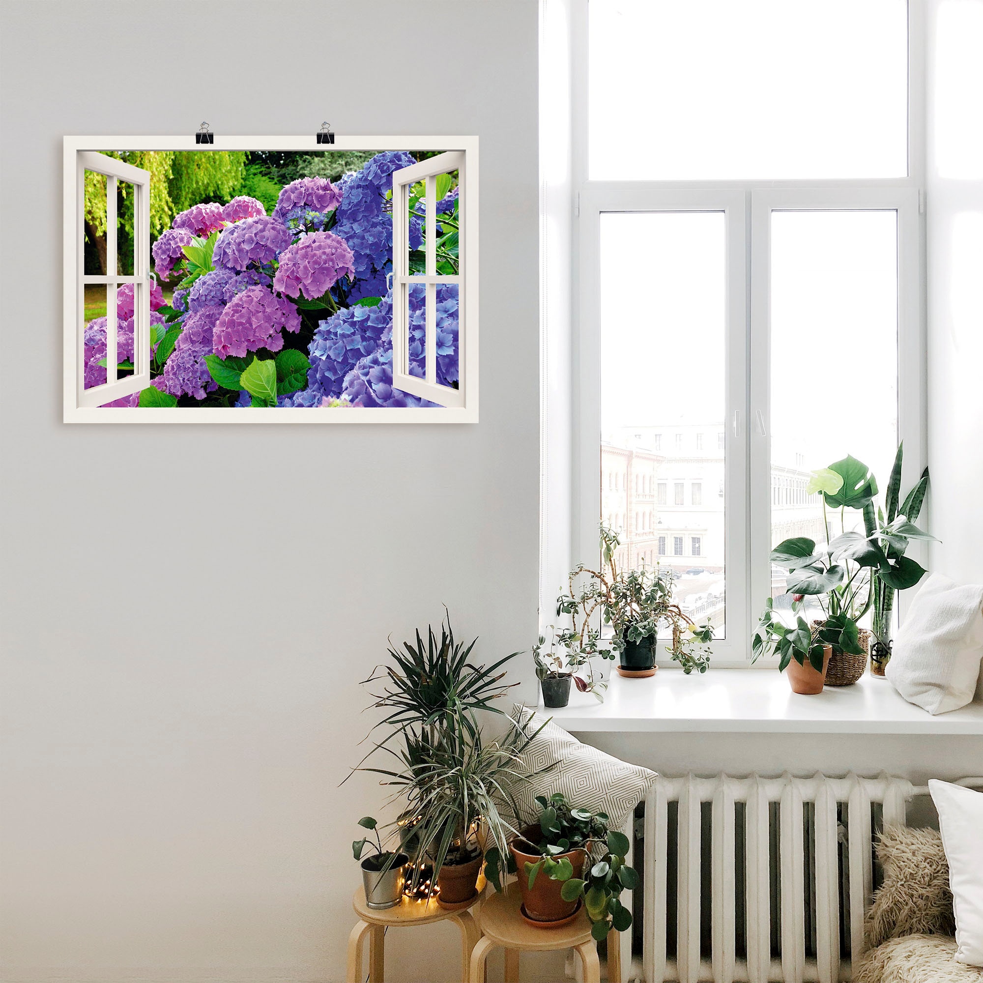 Artland Wandbild »Fensterblick Hortensien im Garten«, Blumen, (1 St.), als Leinwandbild, Poster in verschied. Grössen