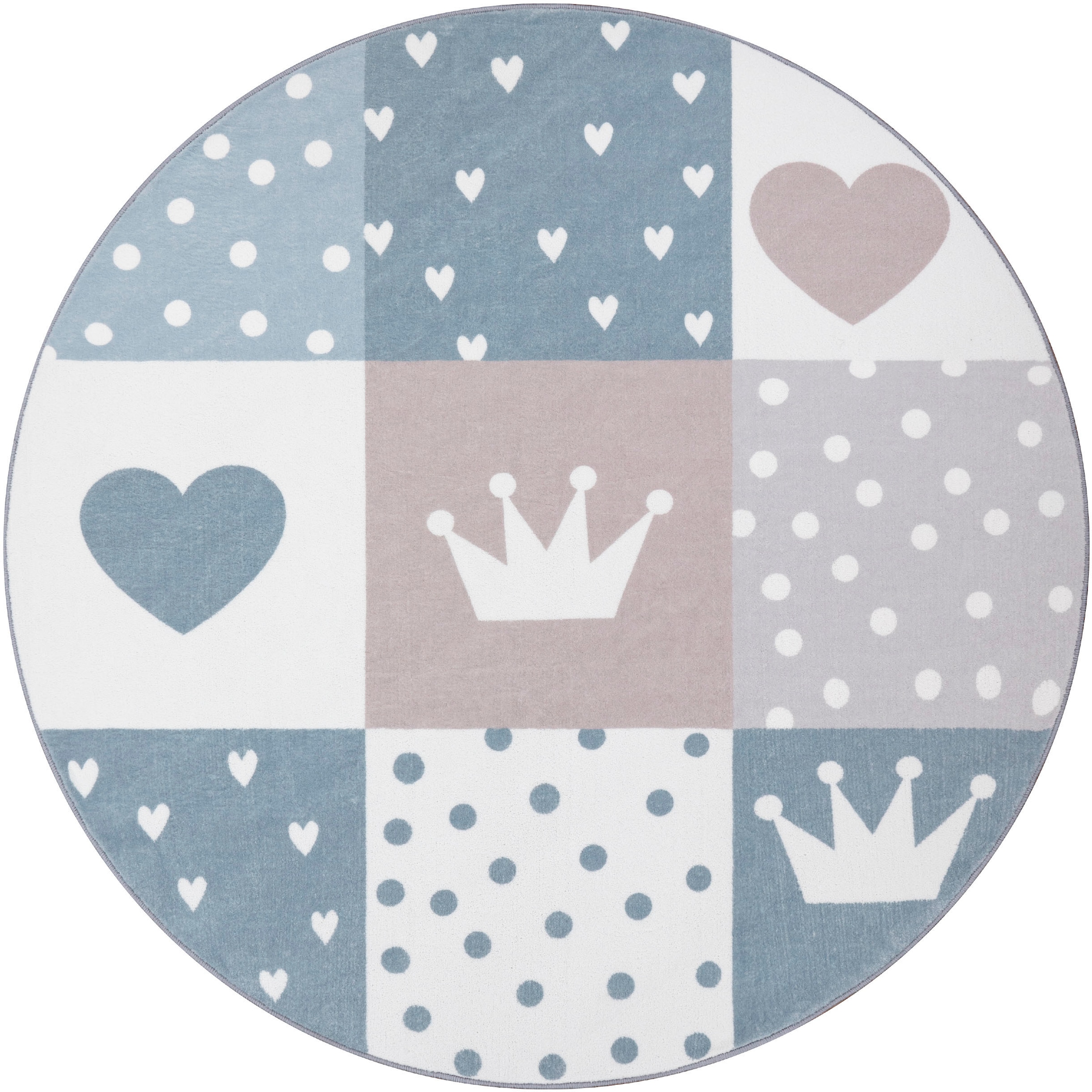 Image of Paco Home Kinderteppich "Eliz 391" rund 12 mm Höhe Kurzflor, Spielteppich, Patchwork-Muster, Motiv Krone, Herz & Punkte