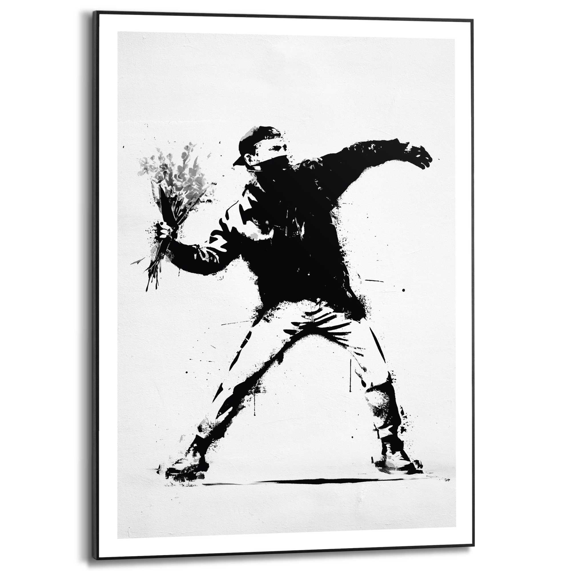 Image of Reinders Poster "Flower Thrower" Teenager Zimmer - Banksy - Schwarz-Weiss - MDF - Kunst - 50x70 cm