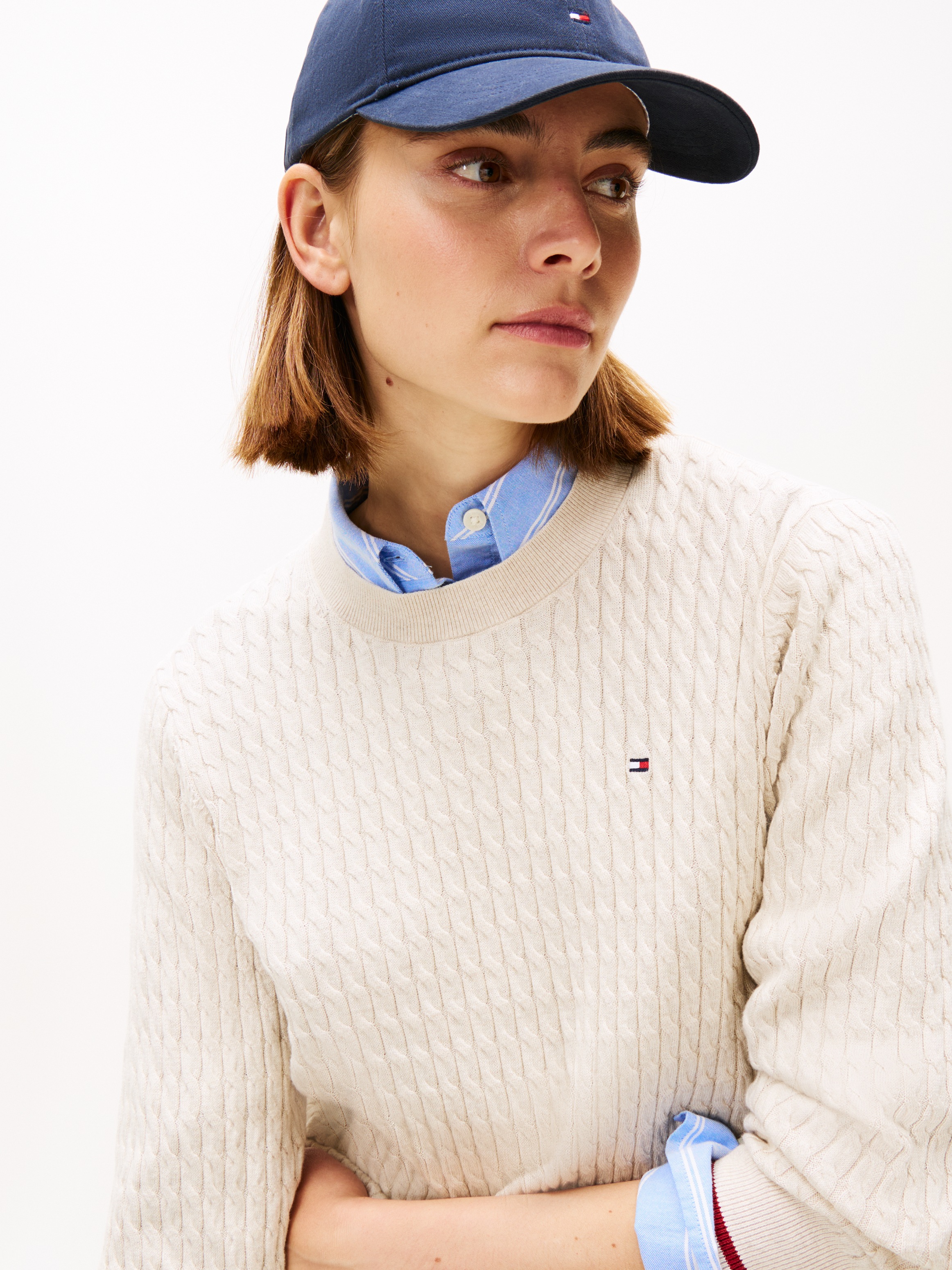 Tommy Hilfiger Rundhalspullover »CO CABLE C-NK LS SWEATER«, mit Zopfmuster