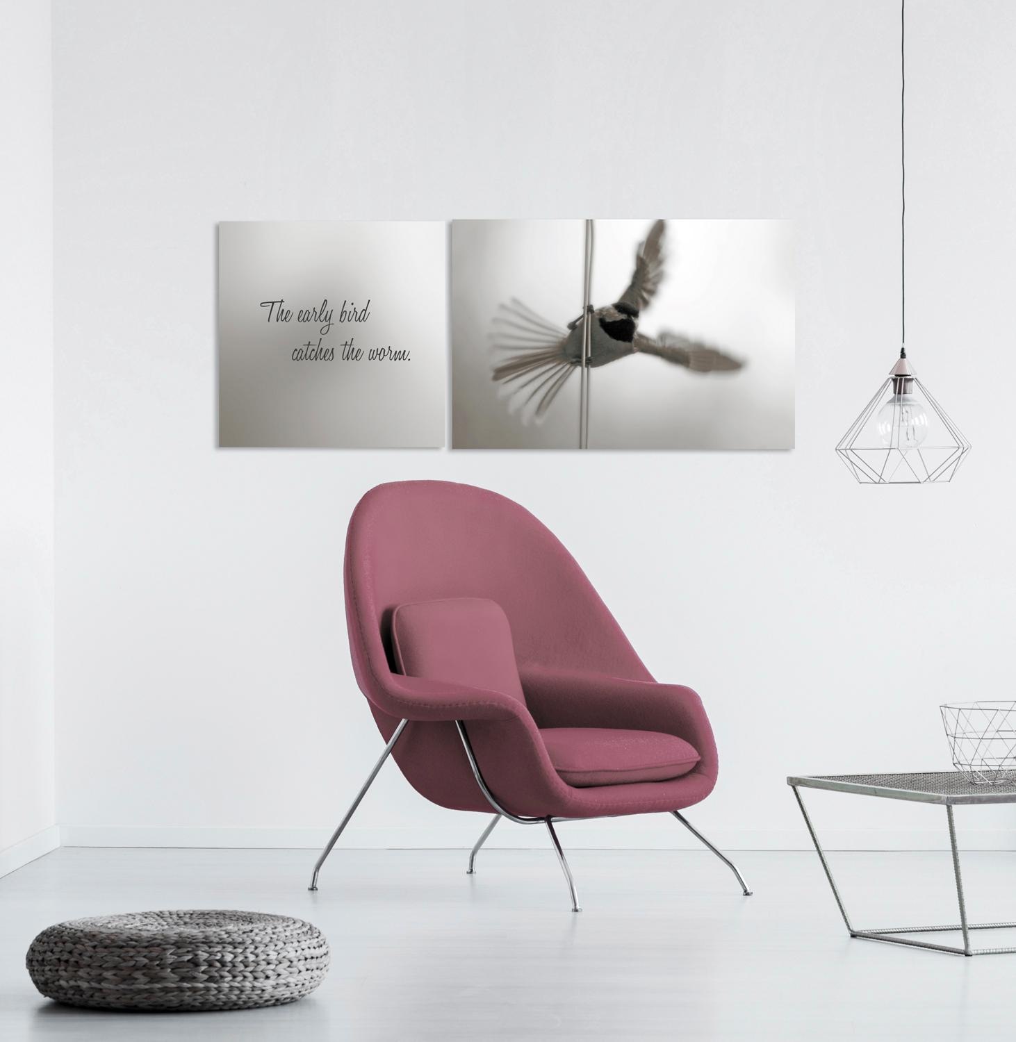 queence Leinwandbild »Early Bird«, Vogelbilder-Vögel-Kunst-Modern-Spa-Spa Bilder-Sprüche-Sprüche & Texte-Schriftzug-Schriftzüge, (Set), Premium-Leinwandstoff, Handarbeit aus Deutschland, Spruch, 2er Set