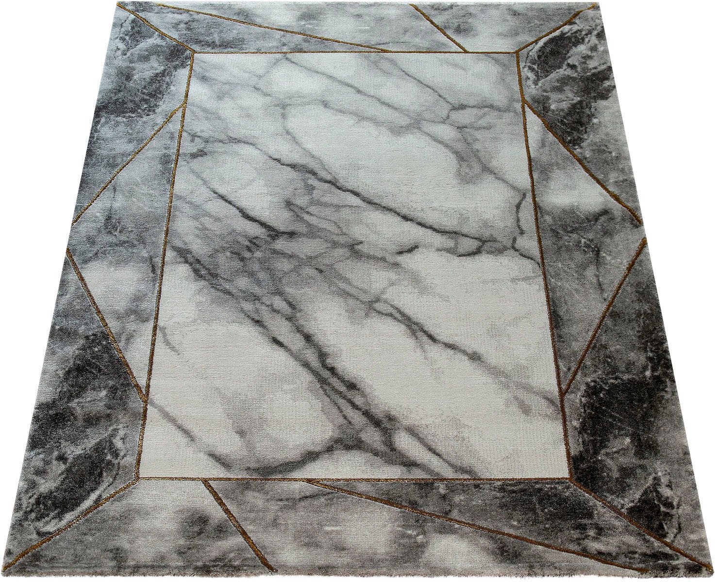 Image of Paco Home Teppich "Kraft 525" rechteckig 16 mm Höhe Kurzflor, Marmor-Design mit Bordüre, mit gold-/silberfarbenen Akzenten