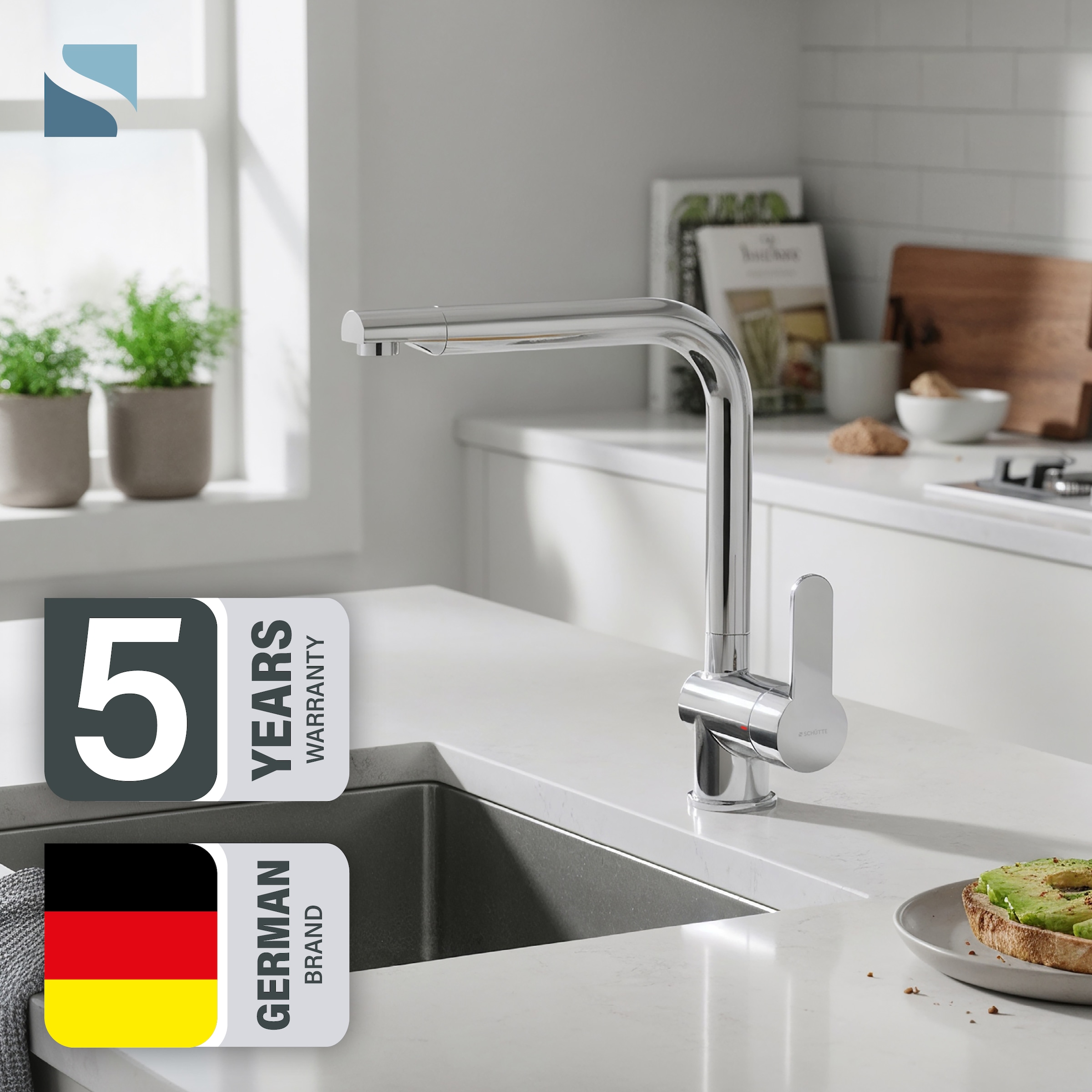 Schütte Robinet d'évier »RIO Schütte« robinet de cuisine, forme en L, acier inoxydable, démarrage à froid, pivotant, acier inoxydable