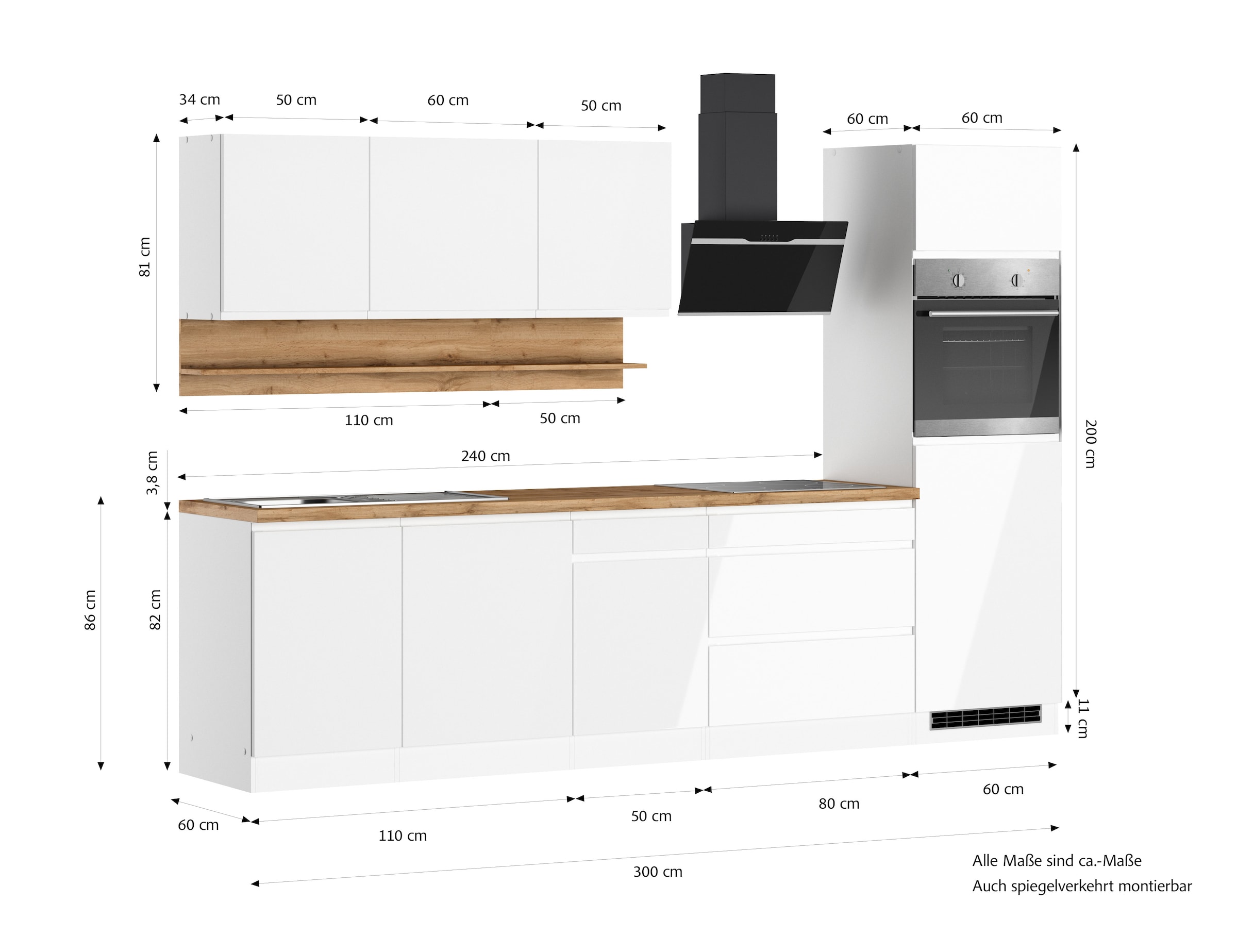 KOCHSTATION Küchenzeile »KS-Virginia,neu in verbesserter Ausführung« Arbeitsplatte 38 mm stark, Stauraum, Softclose,  Breite 300 cm, Soft-Close, wahlweise mit E-Geräten