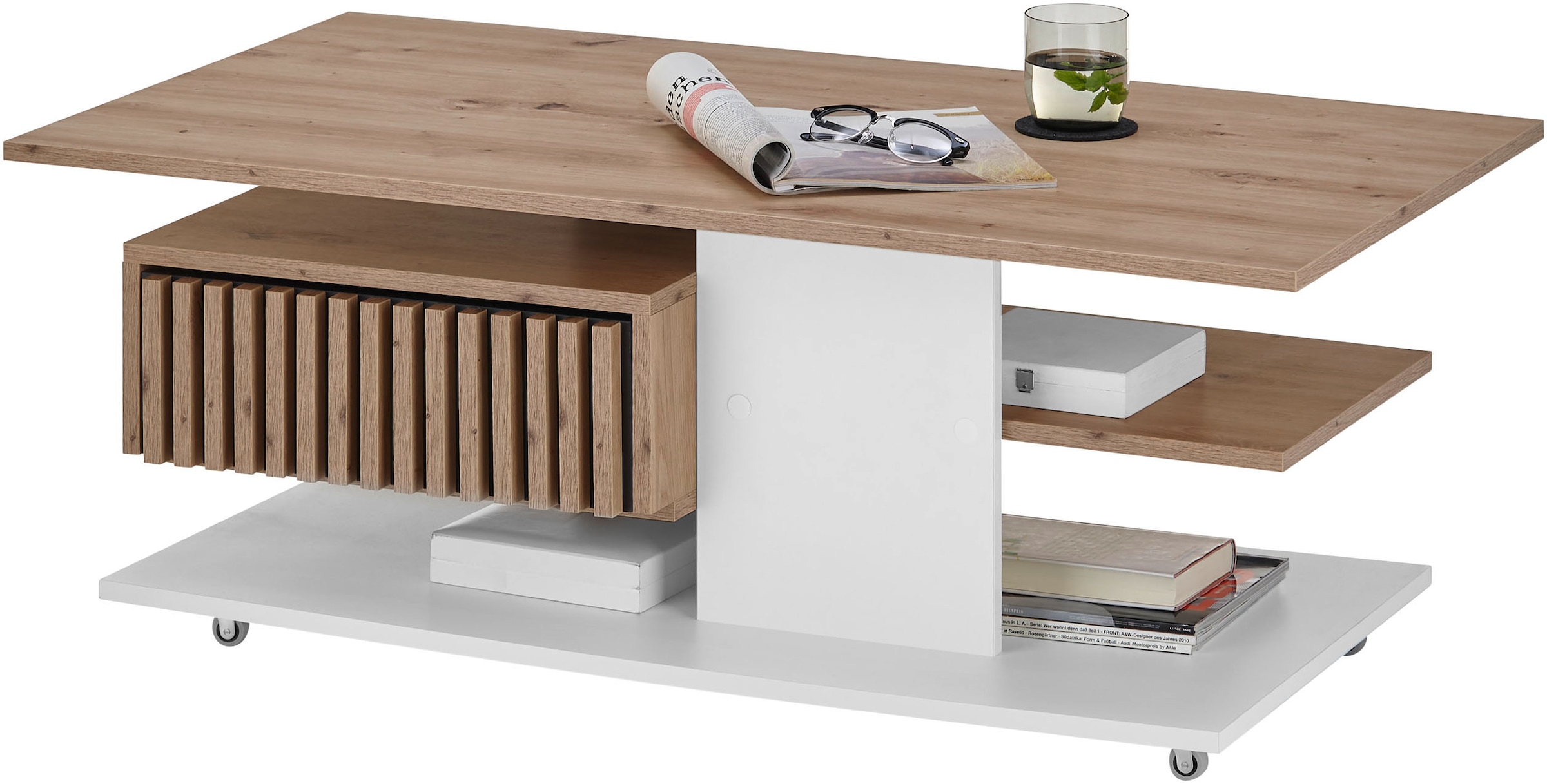 Stolkom Couchtisch »Ally Wohnzimmertisch rollbar Weiss, Artisan Dekor, BxHxT 110x44,5x60 cm«, Schubladenfront mit Lamellen-Optik, Couchtisch rollbar