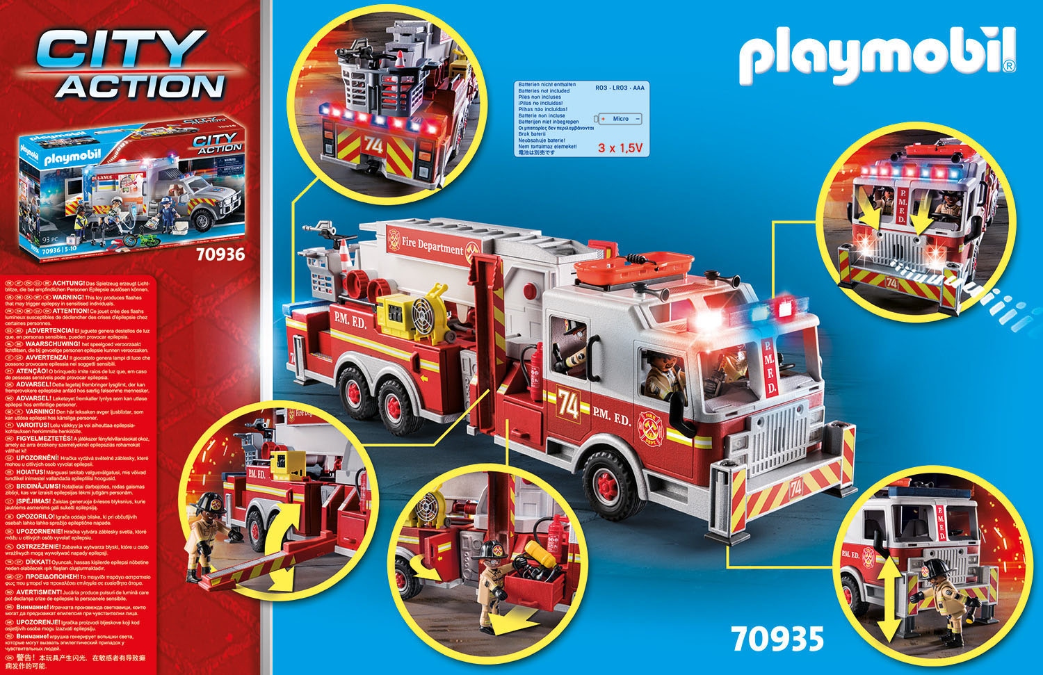 Playmobil® Konstruktions-Spielset »Feuerwehr-Fahrzeug: US Tower Ladder (70935), My Action Heroes«, (113 St.), mit Licht- und Soundeffekten, Made in Germany