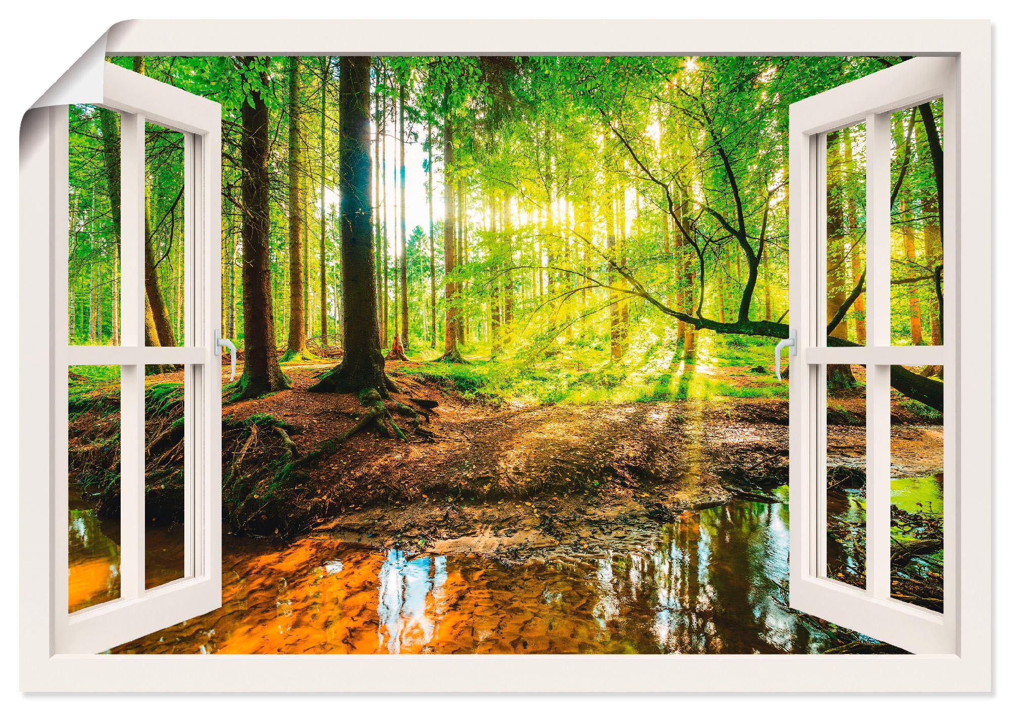 Artland Wandbild »Fensterblick mit Wald in St.), Poster versch. (1 - Bach«, als Wald, bequem Grössen kaufen Leinwandbild, oder Wandaufkleber