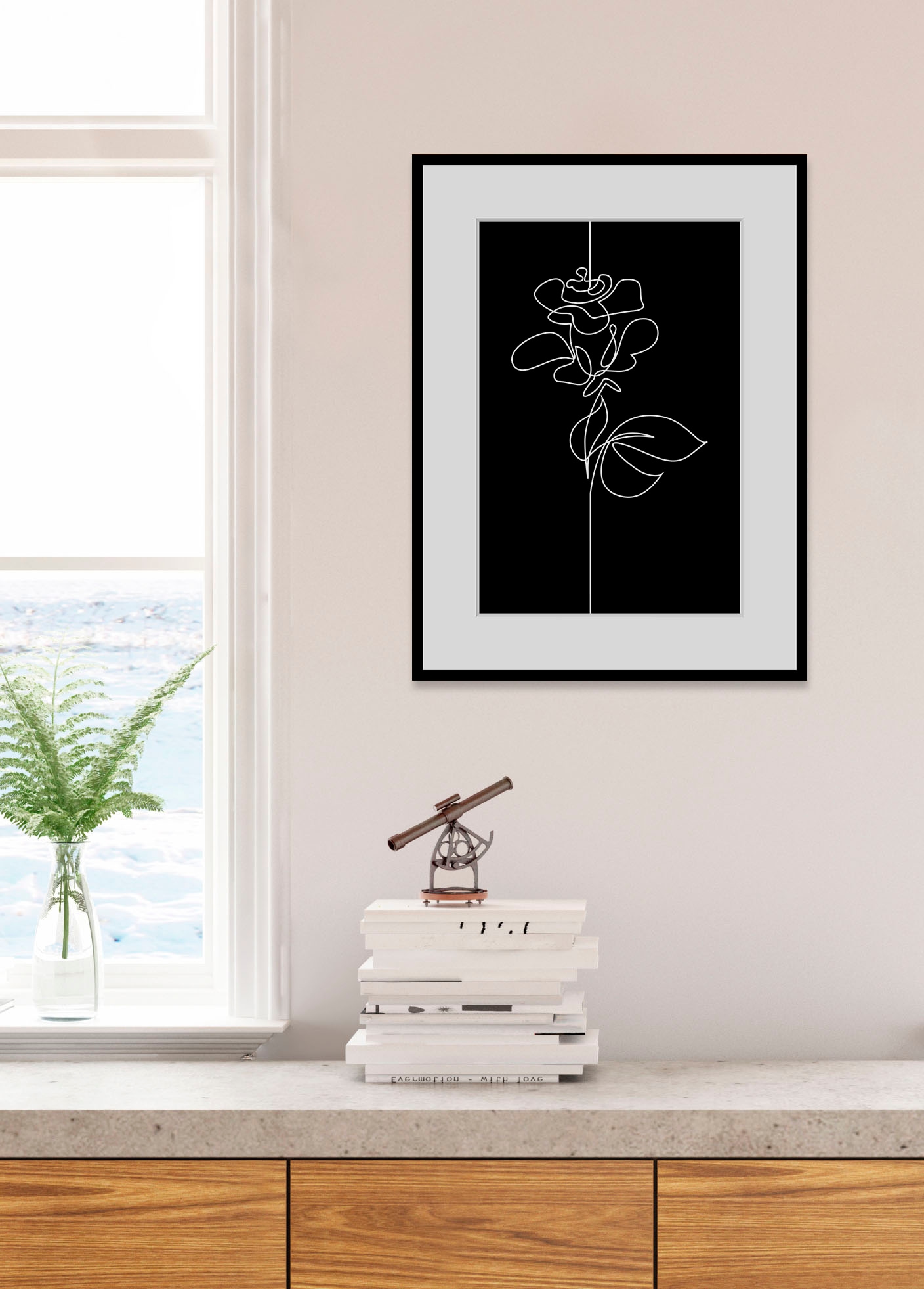 Image of queence Bild "Elena" Blumen Blumenbilder Kunst Pflanzen Pflanzenbilder Schwarz-Weiss 1 Stk. tlg. HD Premium Poster-Druck inkl. Holzrahmen