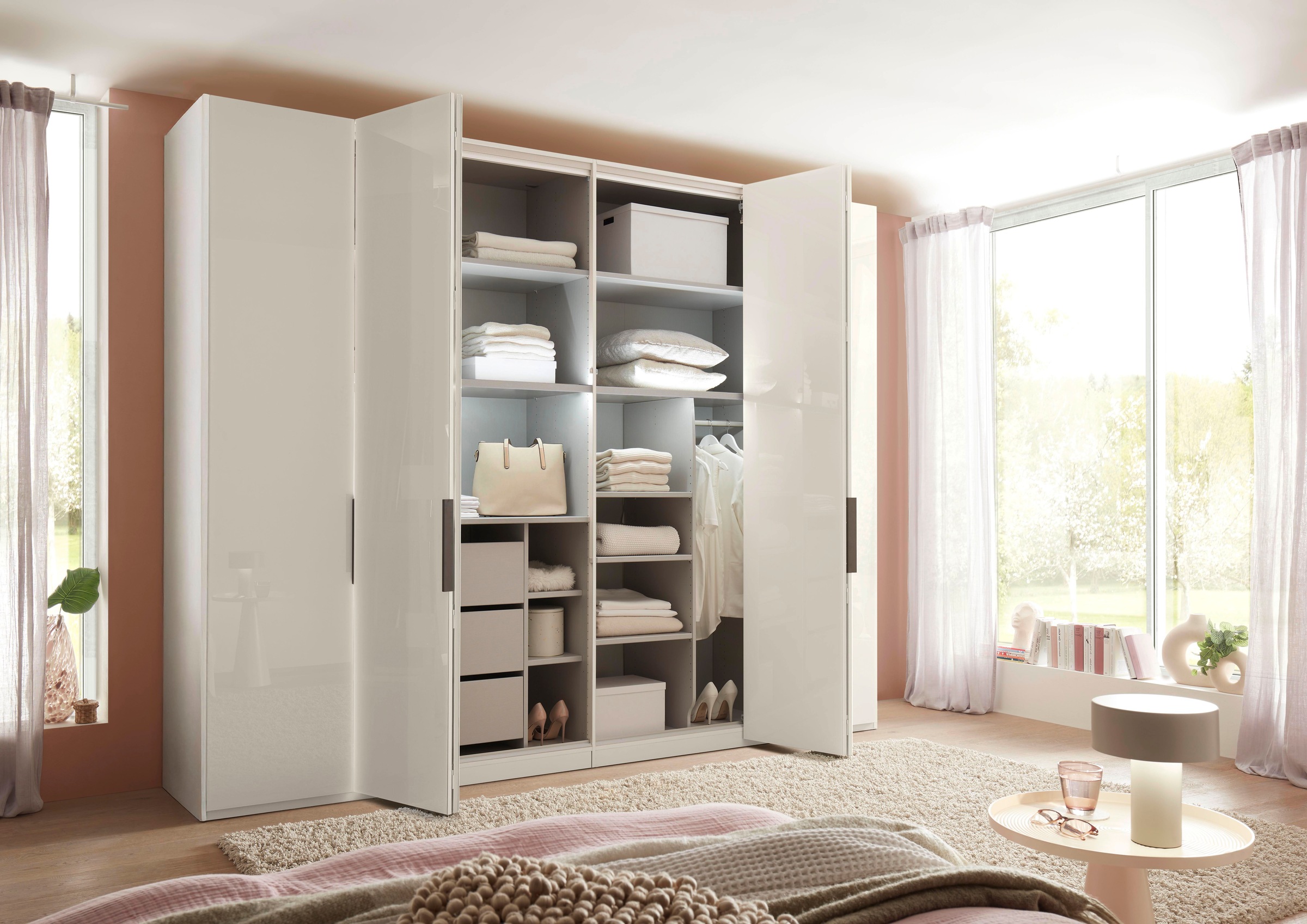 WIEMANN Armoire à portes pliantes »Ohio, Kleiderschrank, Schrank, Garderobe, mit Glasfront, 300 cm« Inclus étagères et tringles à vêtements, 2 hauteurs, MADE IN GERMANY,  comprend amortisseur de porte, façade en verre de haute qualité