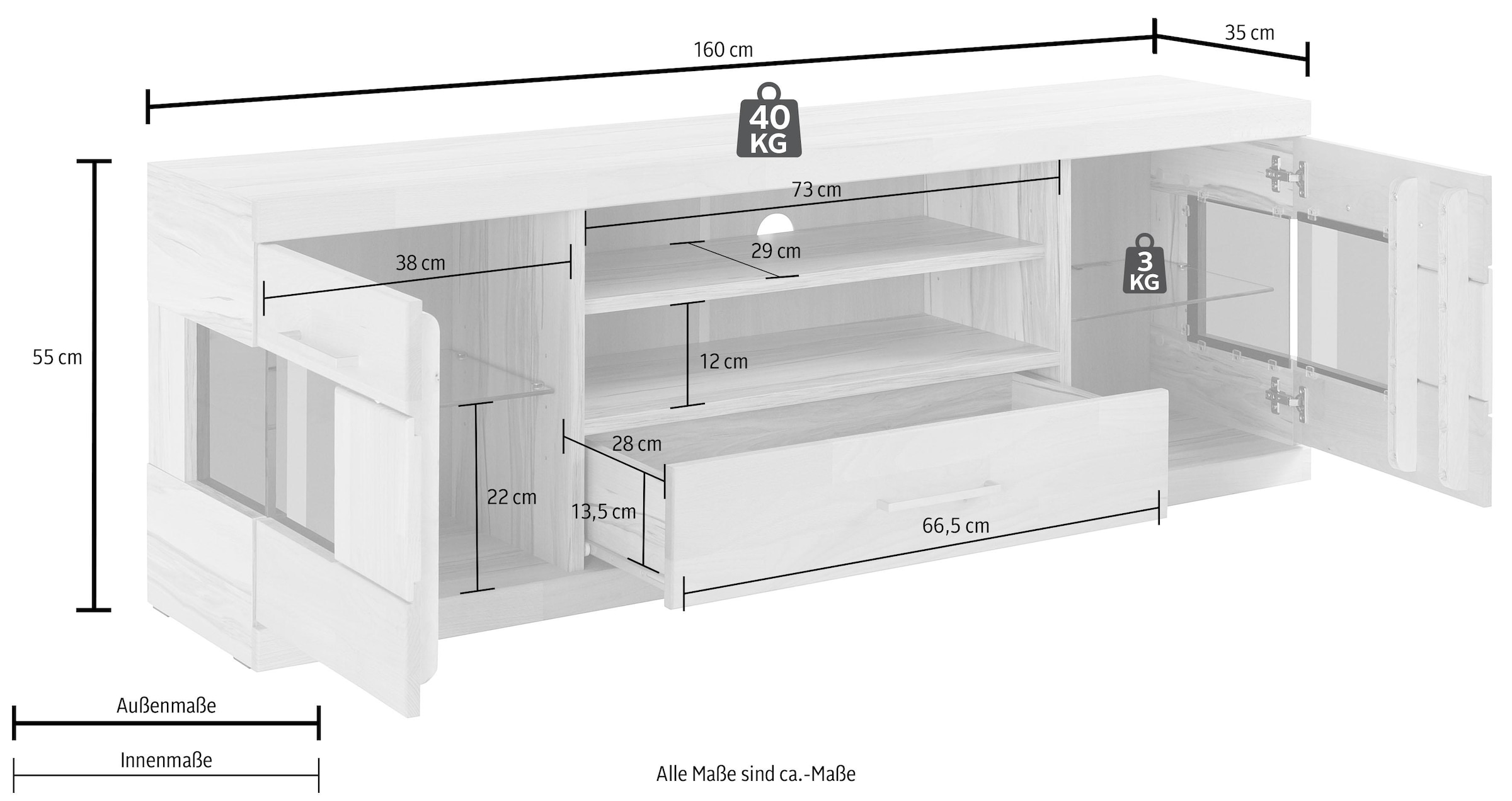 Home affaire Lowboard »Ribe,160cm breit,55cm hoch,Oberplatte massiv«, Korpus Holzwerkstoff,Glaseinsatz aus gehärtetem Glas,Böden versetzbar