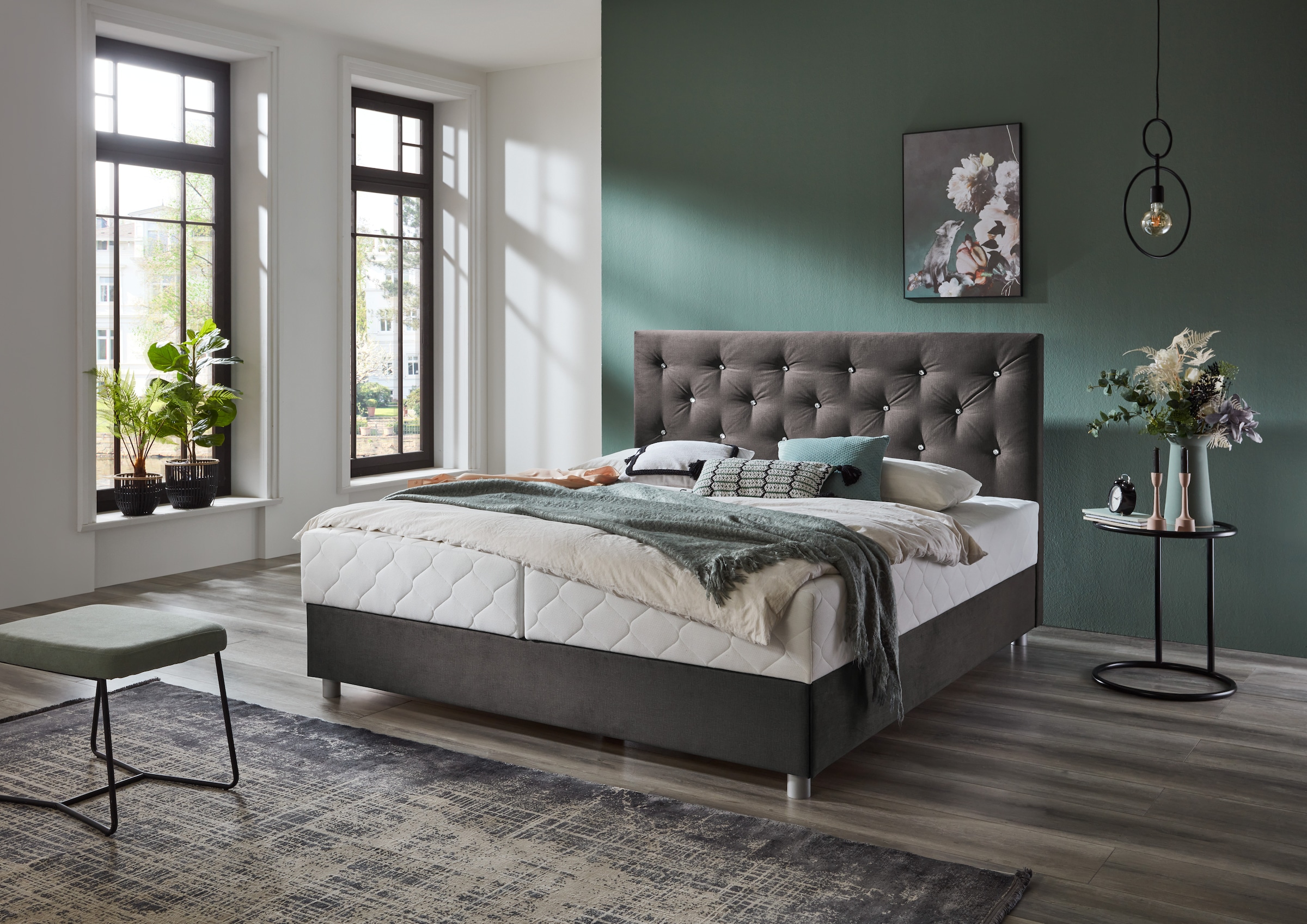 ATLANTIC home collection Boxbett »CELIA im hochwertiger Samtoptik«, mit Taschen-Federkernmatratze, Bettkasten und Strass-Steinen