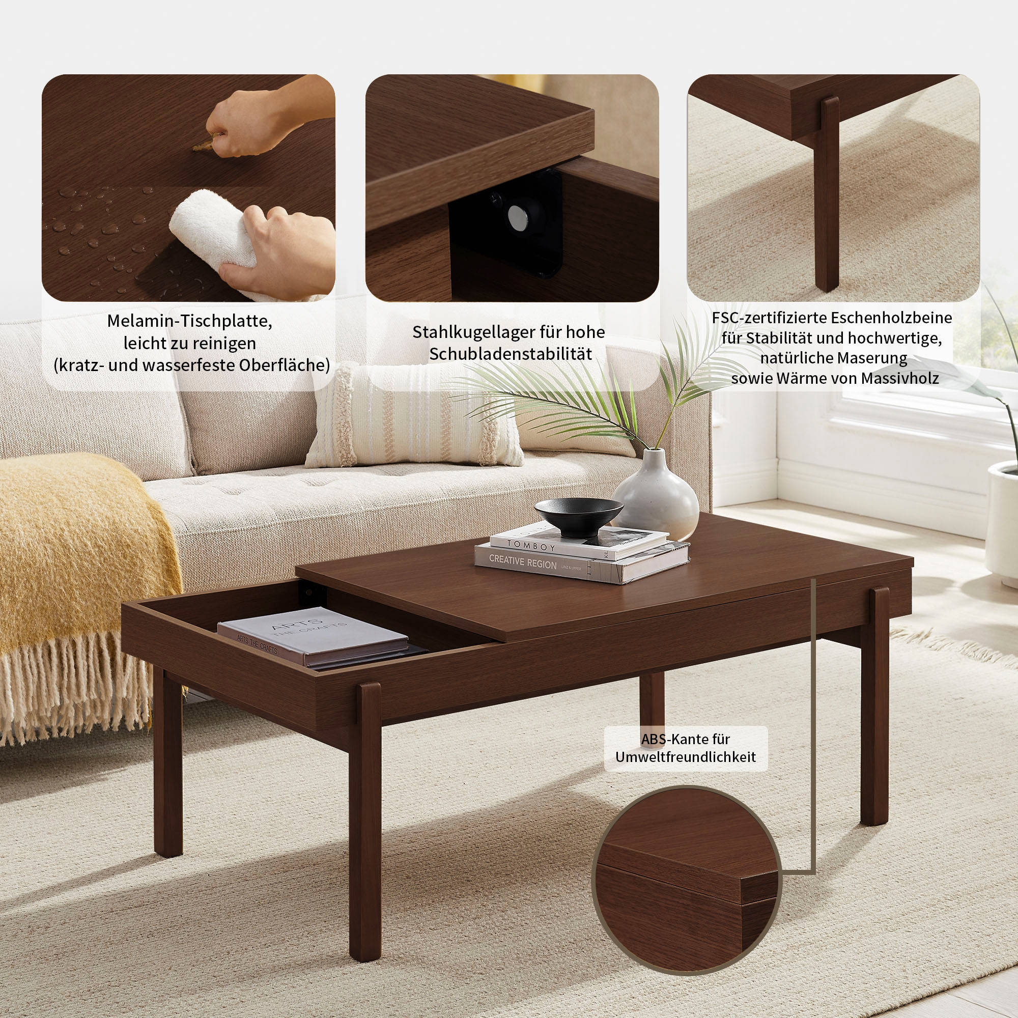 GOODproduct Couchtisch »Norwin« Melaminoberfläche und robustes Gestell aus Eschenholz