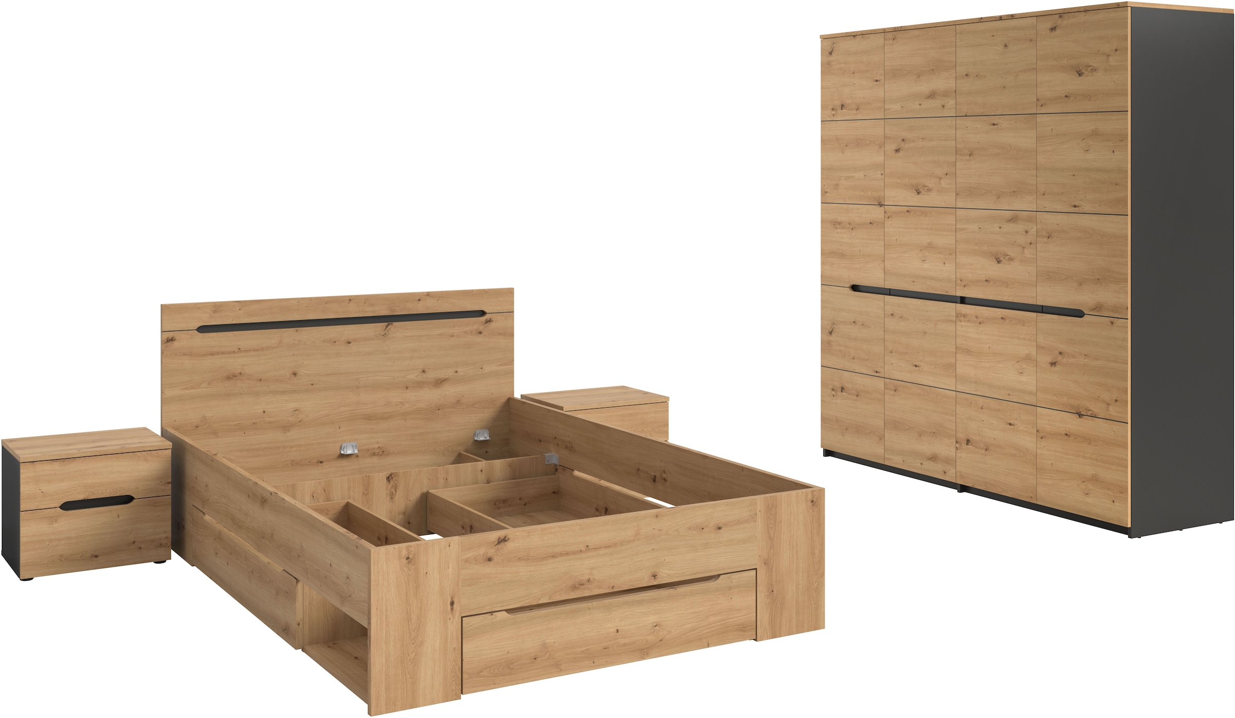 Home affaire Schlafzimmer-Set »REHAT, 4-teilig, best. aus: Bett, Kleiderschrank & 2x Nachtkommode« TOPSELLER!, für Matratzengrösse 140x200 cm, viel Stauraum, 