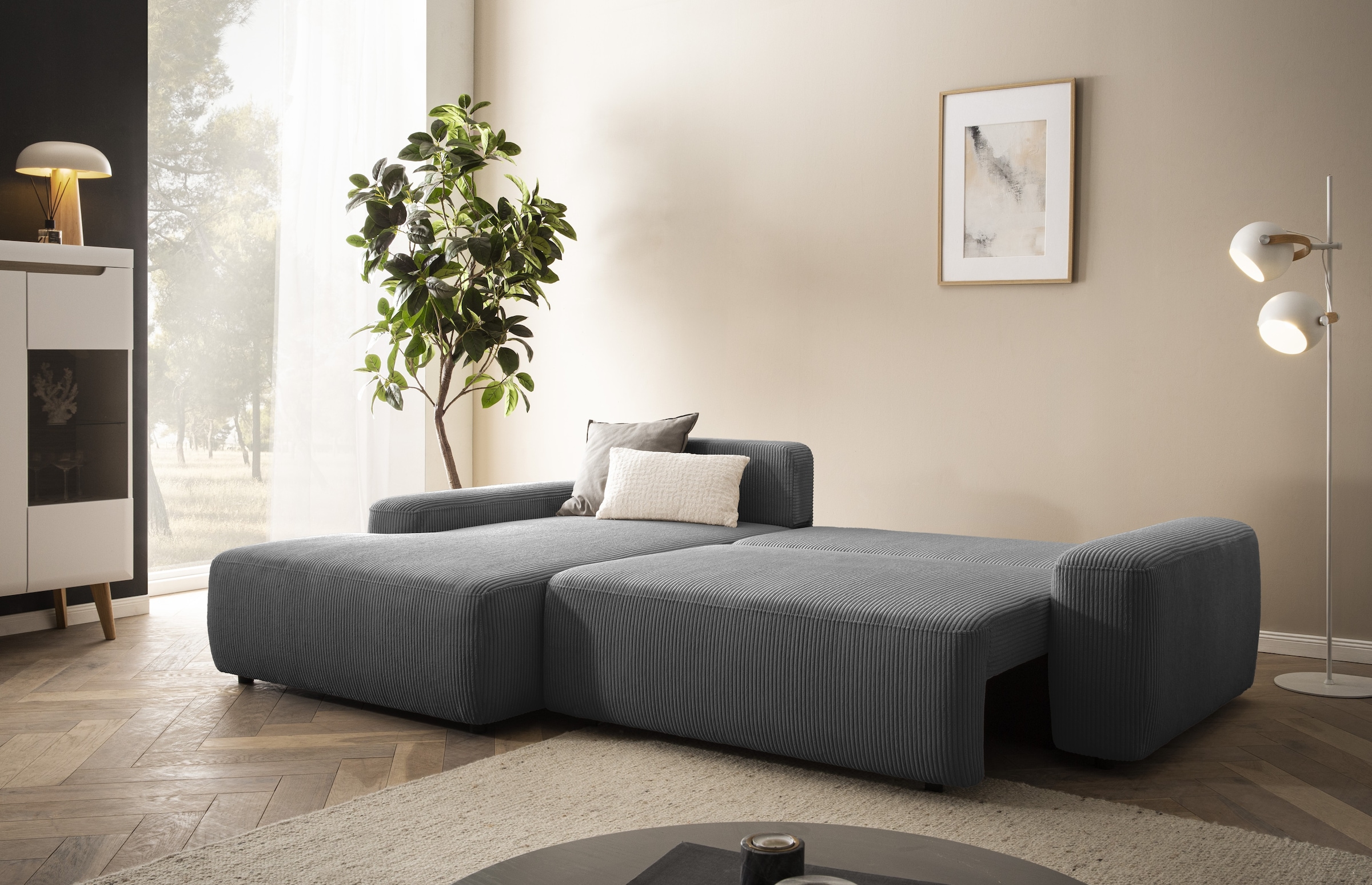 Home affaire Ecksofa »TORGE (264cm), Schlafsofa in Cord, Samtvelours o Struktur fein, L-Form« Schlaffunktion, Bettkasten, Liegefläche: 125/210 cm