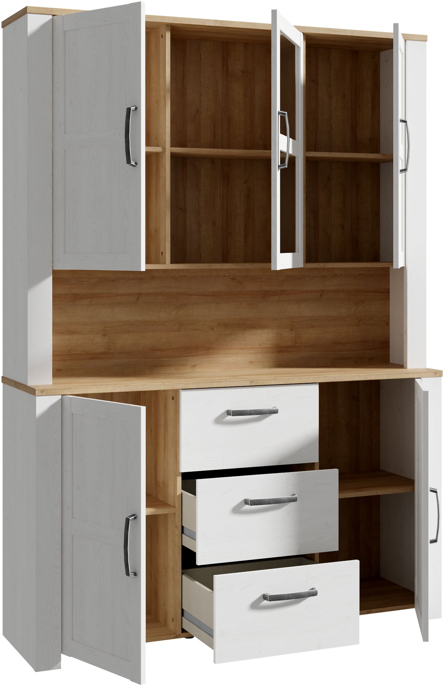 FORTE Buffet »Bohol, grosses Highboard,4Türen, 1 Glastüre, 3 Schubkästen« L/H/P 146,1/205,4/42 cm, beaucoup d'espace de rangement