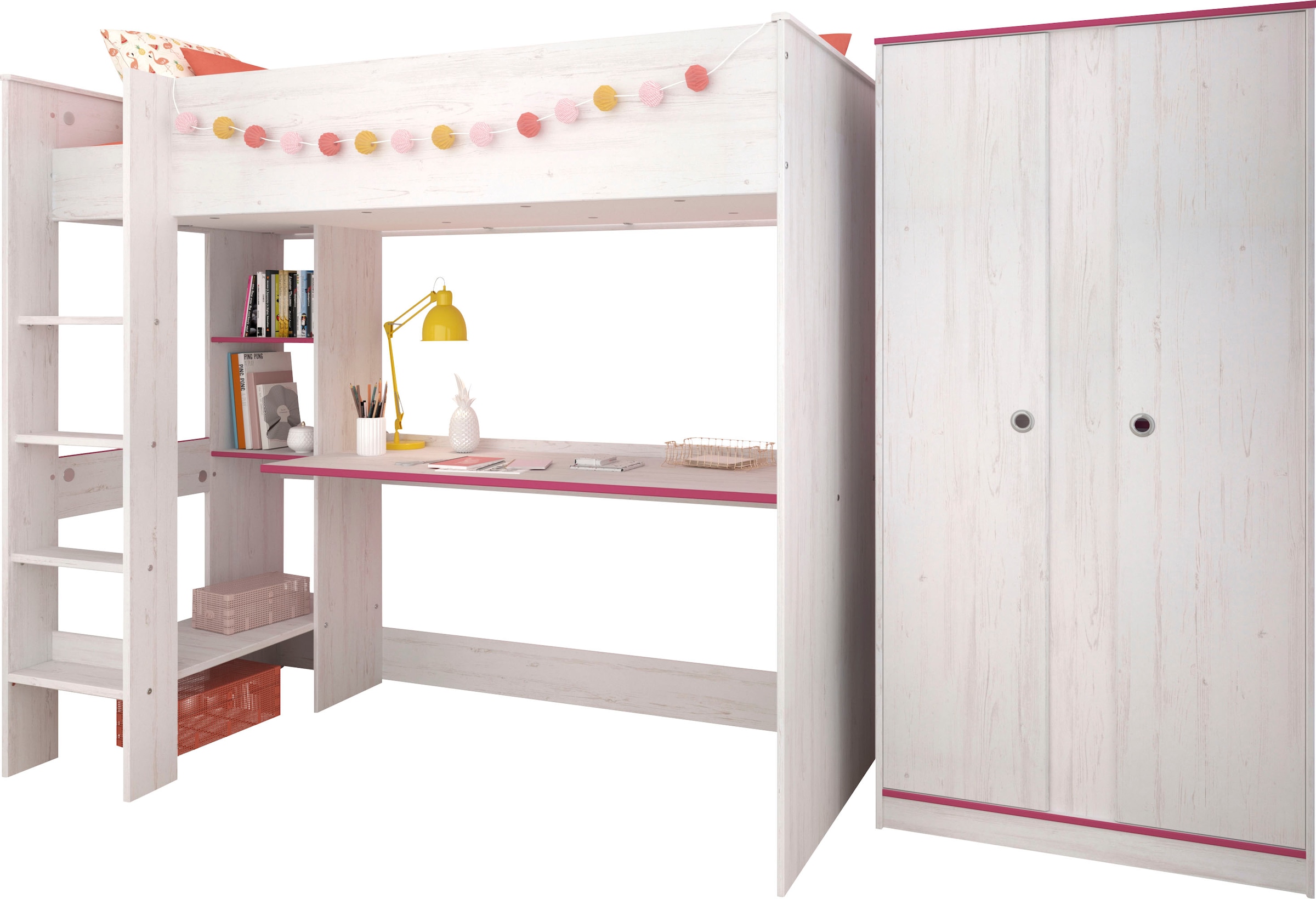 Parisot Jugendzimmer-Set »Smoozy«, (Set, 2 tlg., Hochbett mit integr. Schreibtisch und Kleiderschrank)