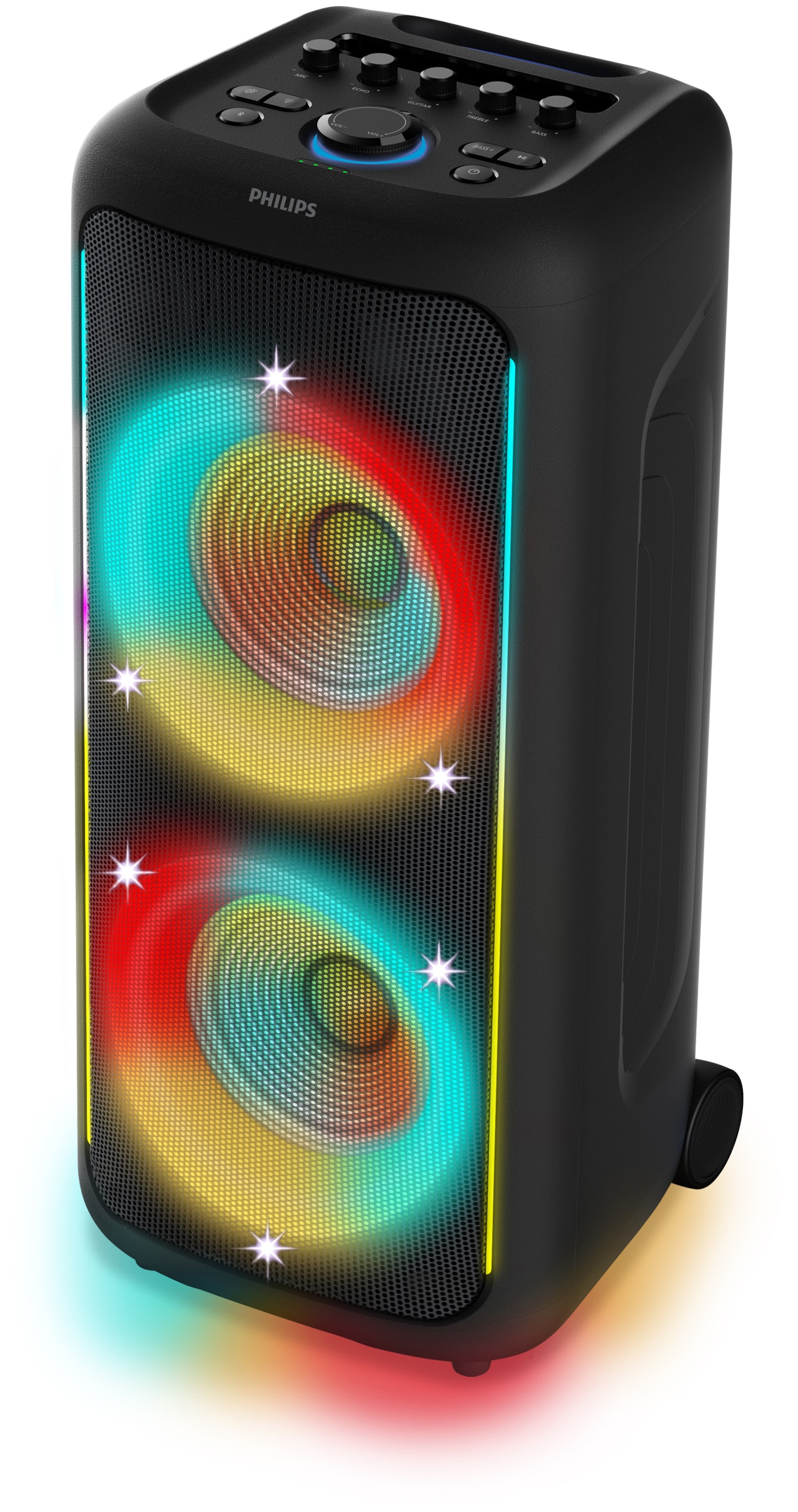 Image of Philips Party-Lautsprecher "TAX5000E" Stereo (Bluetooth Bass- und Lautstärkeregelung Beleuchtungseffekte Extra Bass Kabellos Karaoke-fähig Lautstärkeanpassung Sprachsteuerung über das Smartphone USB-Aufnahme 100 W)