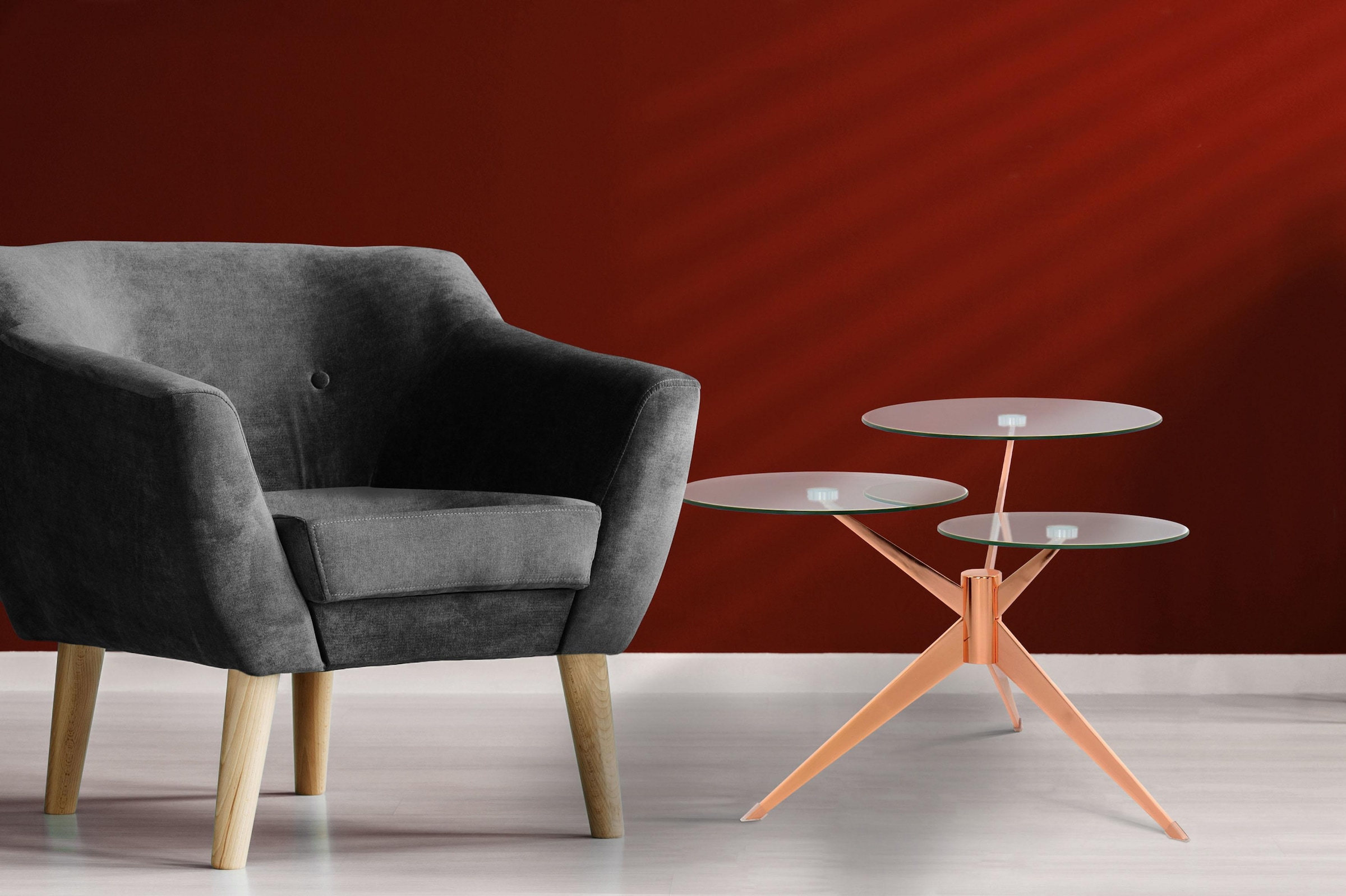 Image of Kayoom Beistelltisch "Triplet, moderner, drei Tischplatten in versetzter Anordnung" 1 Stk. tlg. Drei Tischplatten auf verschiedenen Höhen, Retro-Design