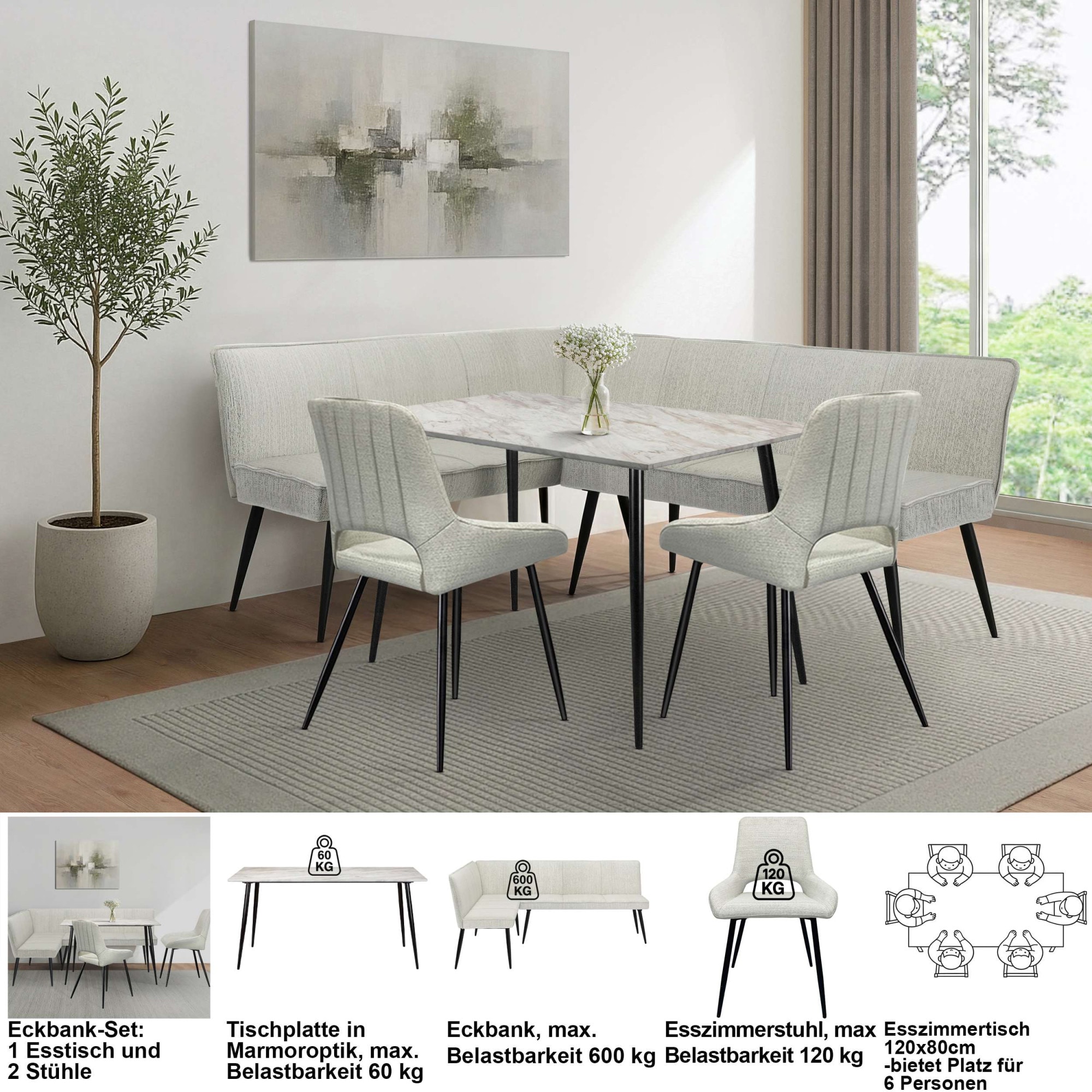 GOODproduct Eckbankgruppe »Danny/Ianna/Derrek« Set, Eckbankgruppe mit Tisch, Eckbank, Stühle, 4 tlg. Sitzgruppe, Eckbank und Stühle bequem gepolstert, Tisch 120x80 cm