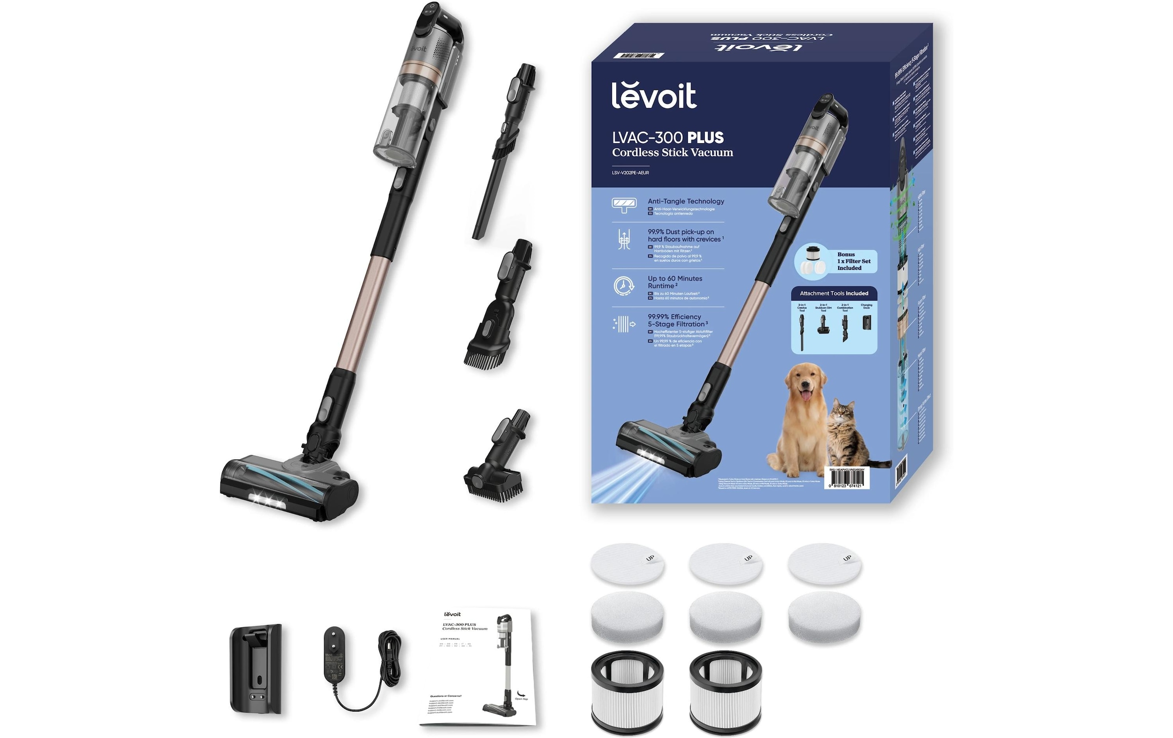 Levoit Akku-Hand-und Stielstaubsauger »LVAC-300 Plus« 99,99% HEPA-Filtration, Anti-Tangle, LED-Display, bis zu 60 Minuten