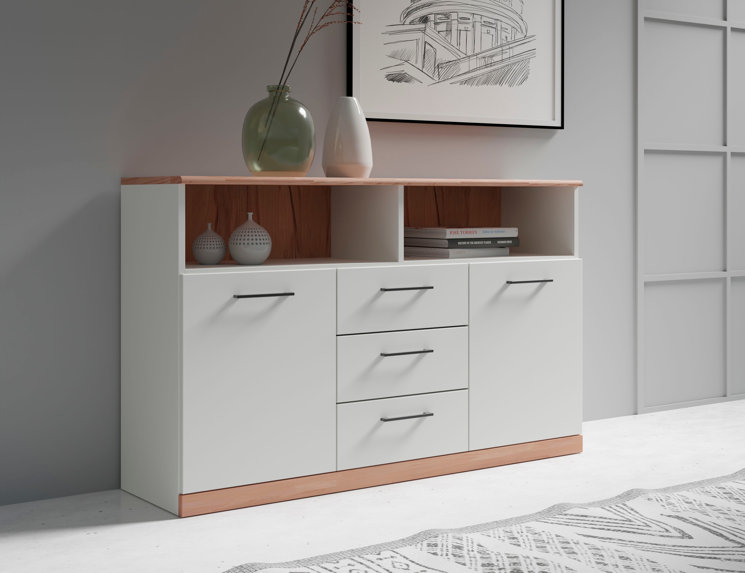 Image of GOODproduct Sideboard "Ribe,130cm breit,80cm hoch,Oberplatte Holz massiv,6 Fächer" Oberplatte Kernbuche massiv,schwarze Metall Griffe