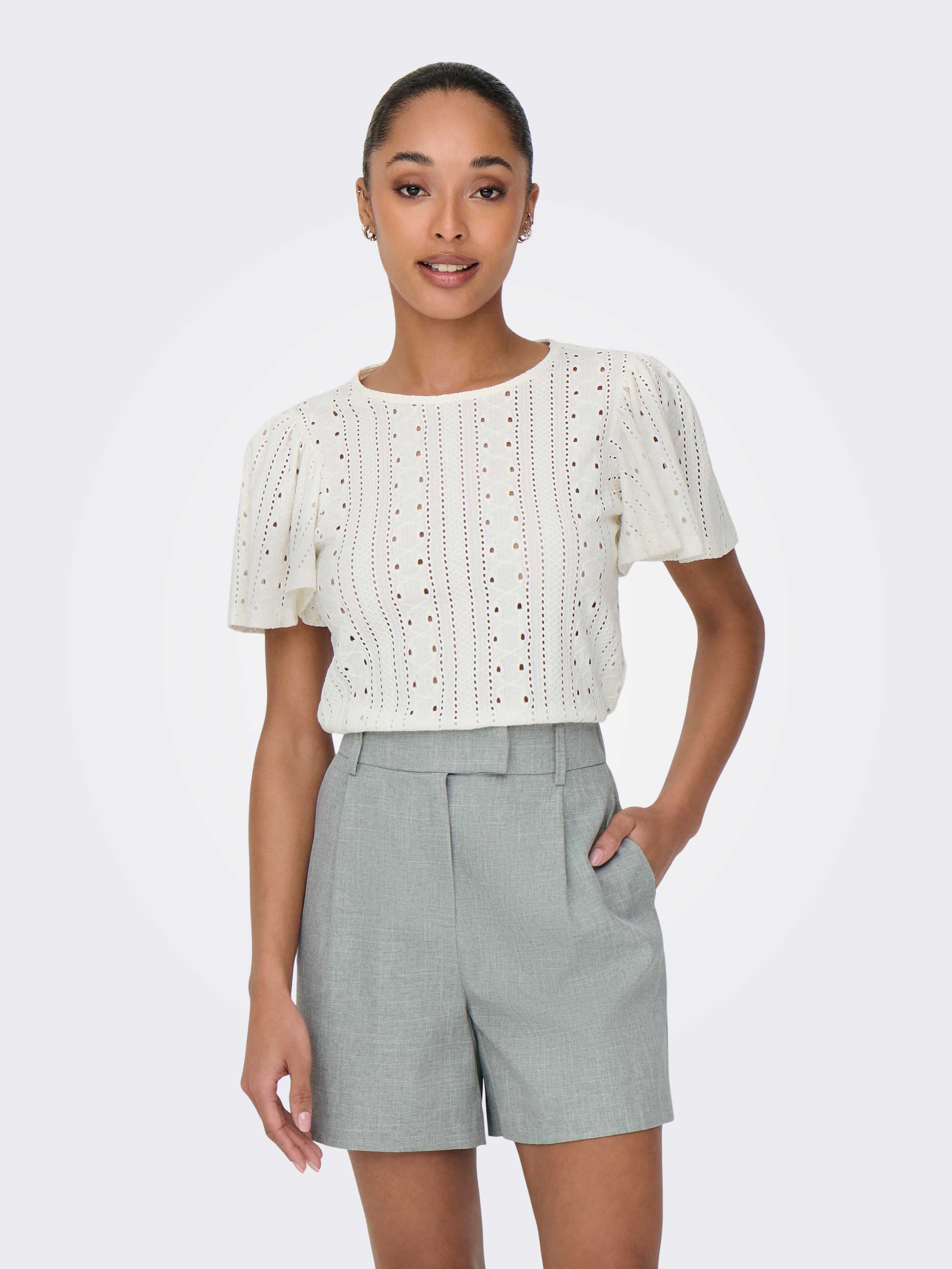 Image of ONLY Kurzarmshirt "ONLRIVERSIDE – Shirt mit voluminösem Armschnitt für Alltag" regular fit, modisch, Jersey, Materialmix, Rundhals