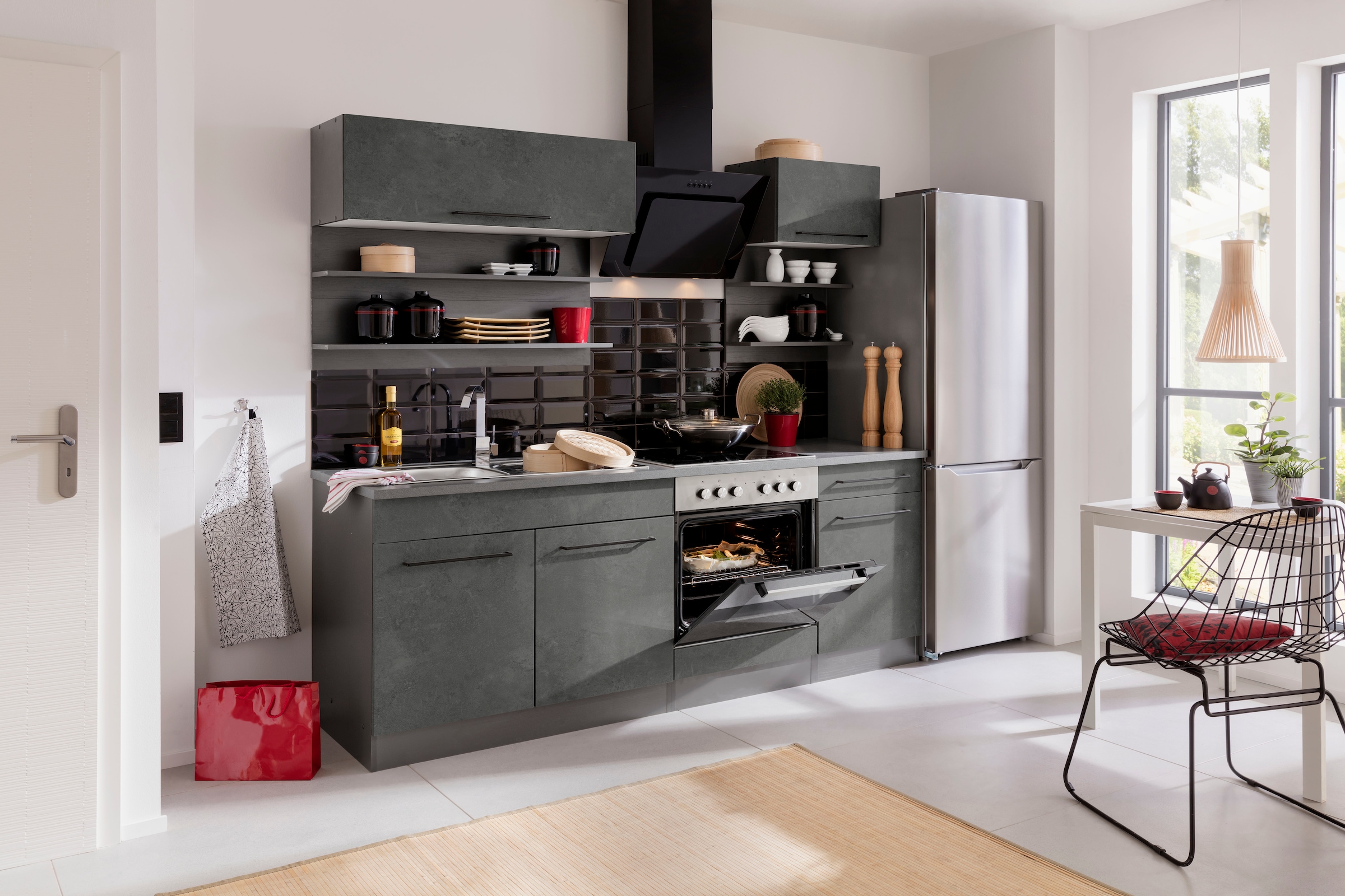 Image of KOCHSTATION Küchenzeile "KS-Tulsa" Breite 210 cm, schwarze Metallgriffe, hochwertige MDF Fronten