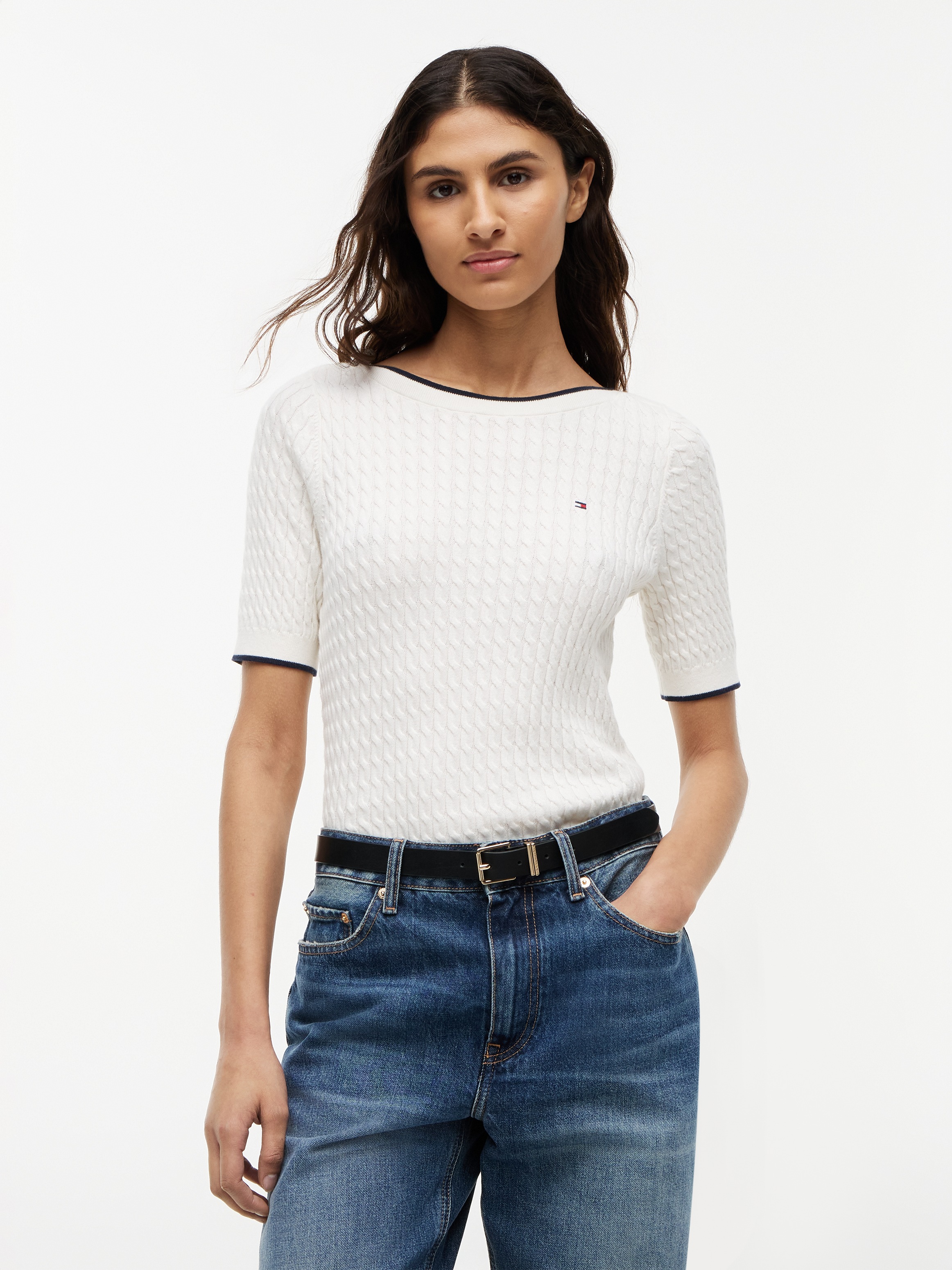 Image of Tommy Hilfiger Kurzarmpullover "FINE GG CABLE BOAT NK S/S" Baumwolle, mit Zopfstrickmuster