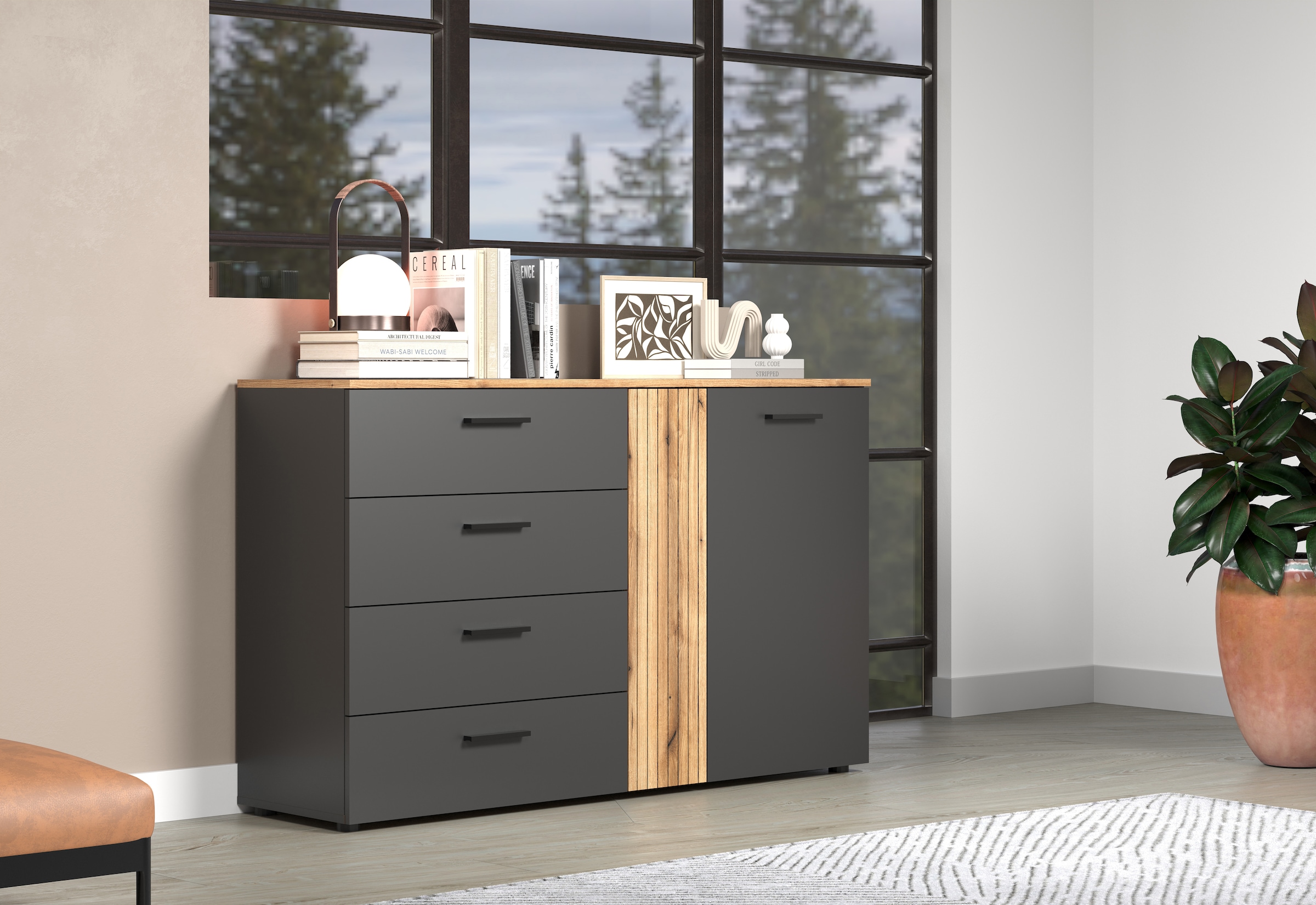 INOSIGN Kommode »Estepona«, (1 St.), Schubladenschrank in Rillenoptik mit Vollauszug-Funktion