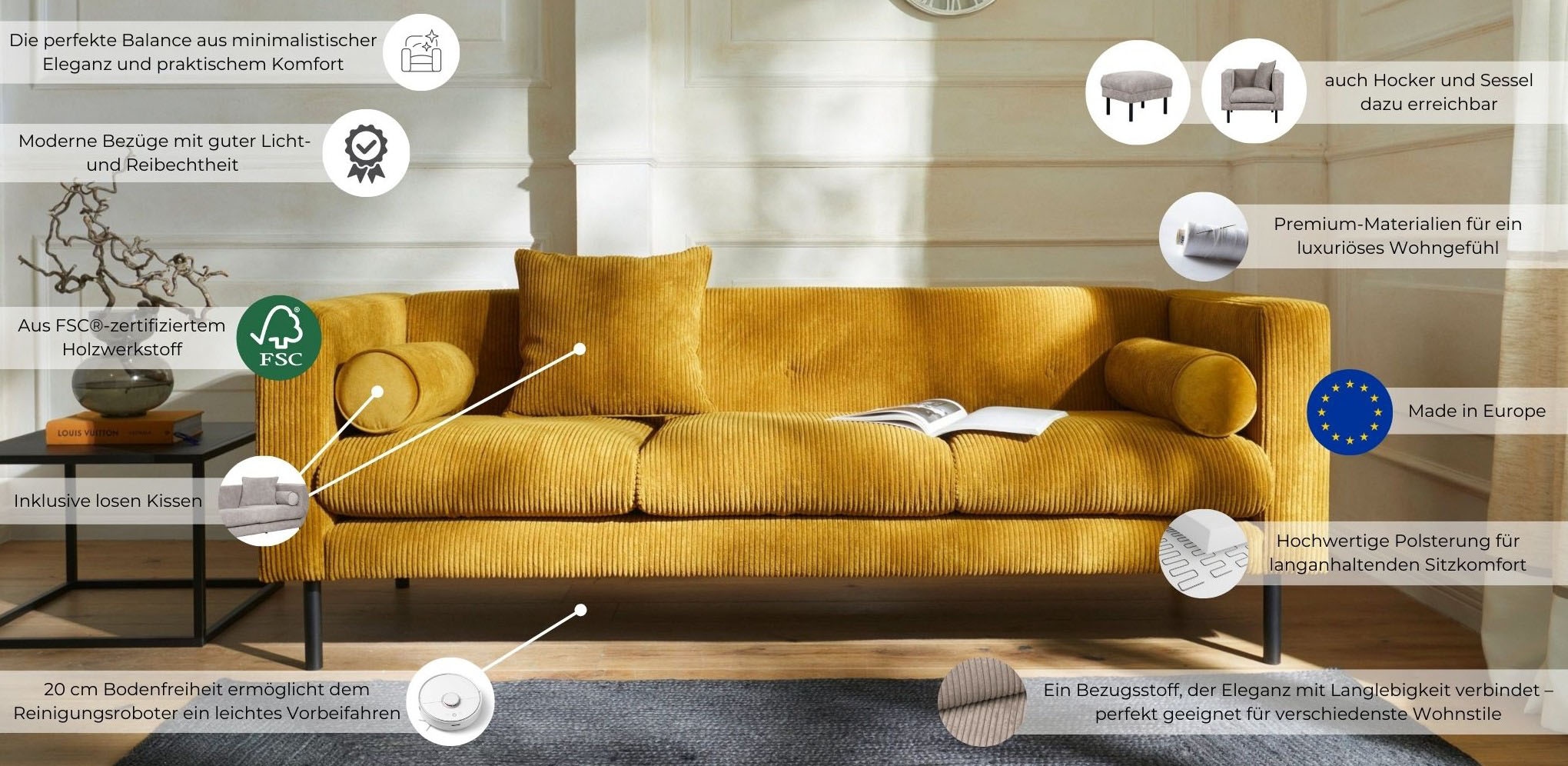 Guido Maria Kretschmer Home&Living 3-Sitzer »Lillibeth Designsofa mit Wellenunterfederung, Masse B/T/H: 218/74/83 cm«, Zierkissen als Wendekissen, Bezug Samtoptik oder Cord