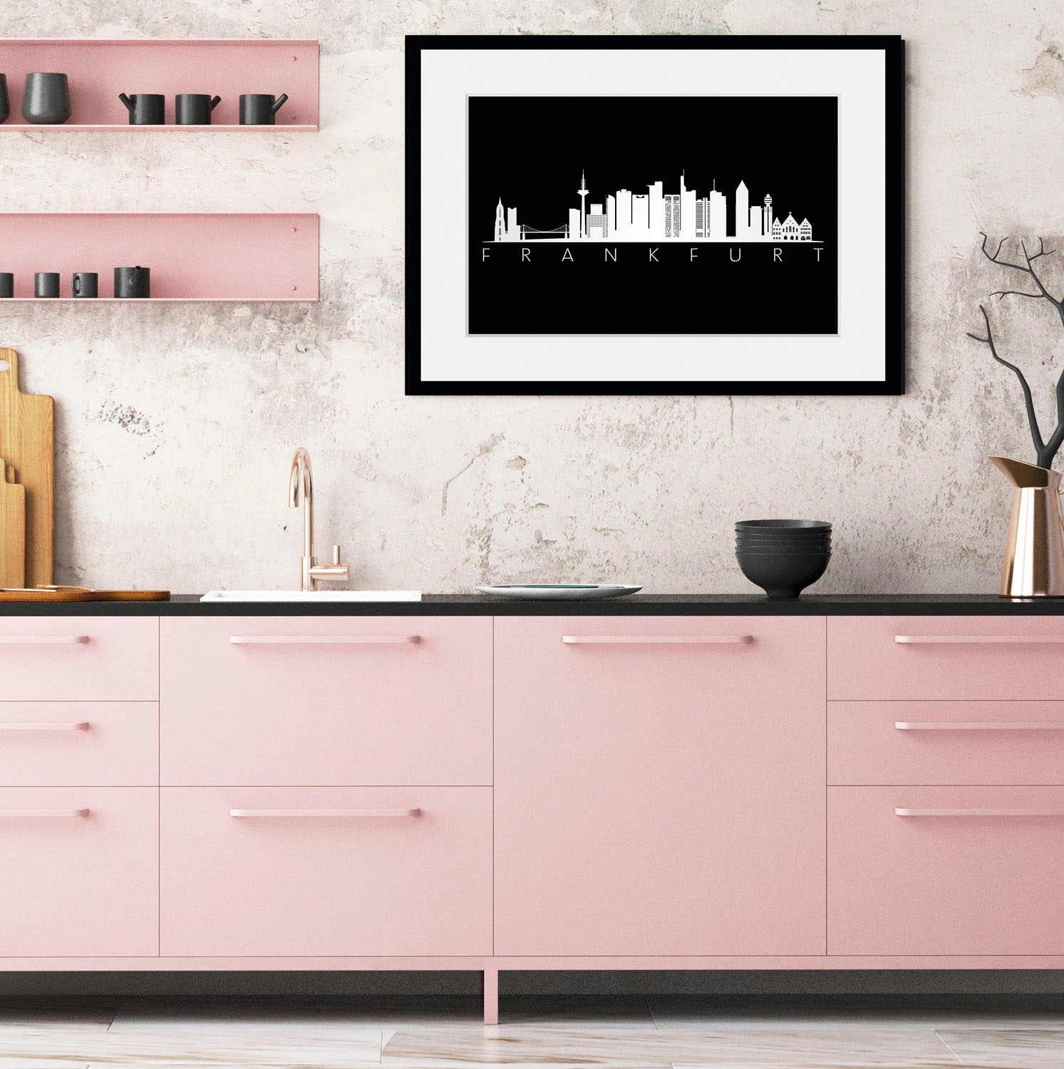 Image of queence Bild "Frankfurt Skyline BLACK" Deutschland Frankfurt am Main Schriftzug Schwarz-Weiss Stadt Städte 1 Stk. tlg. HD Premium Poster-Druck inkl. Holzrahmen