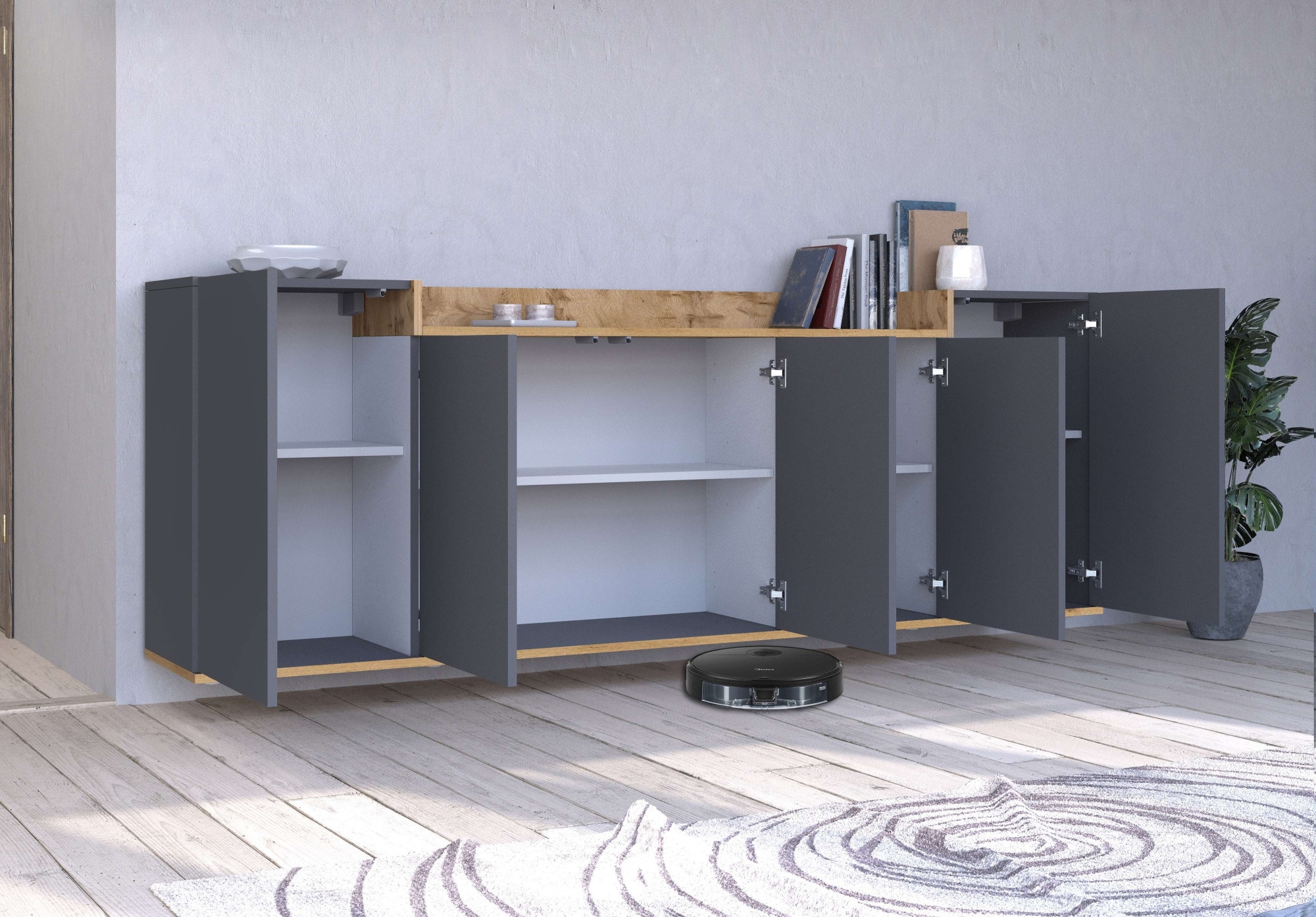 GOODproduct Buffet »BOLSENA, Kommode, Schrank,Lowboard mit 8 Fächer und offenes Ablagefach« 1 cuis tlg. stehend/hängend montierbar, Made in Italy, B/T/H: 200 × 35 × 71,2 cm