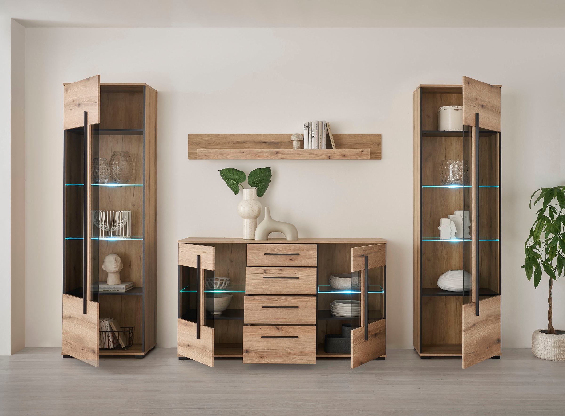 INOSIGN Wohnwand »Cantara, moderne Anbauwand, Wohnzimmer-Set, in Eiche Evoke oder Weiss«, (Set), enthält zwei Vitrinen, ein Sideboard und ein Wandboard