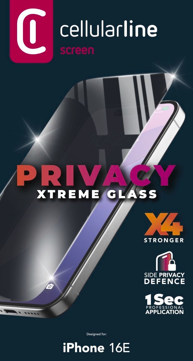 Cellularline Displayschutzglas »Privacy Xtreme Glass für Apple iPhone 16e«, für Apple iPhone 16e, Displayschutzfolie, Schutzfolie, Blickschutz, kratz- & stossfest