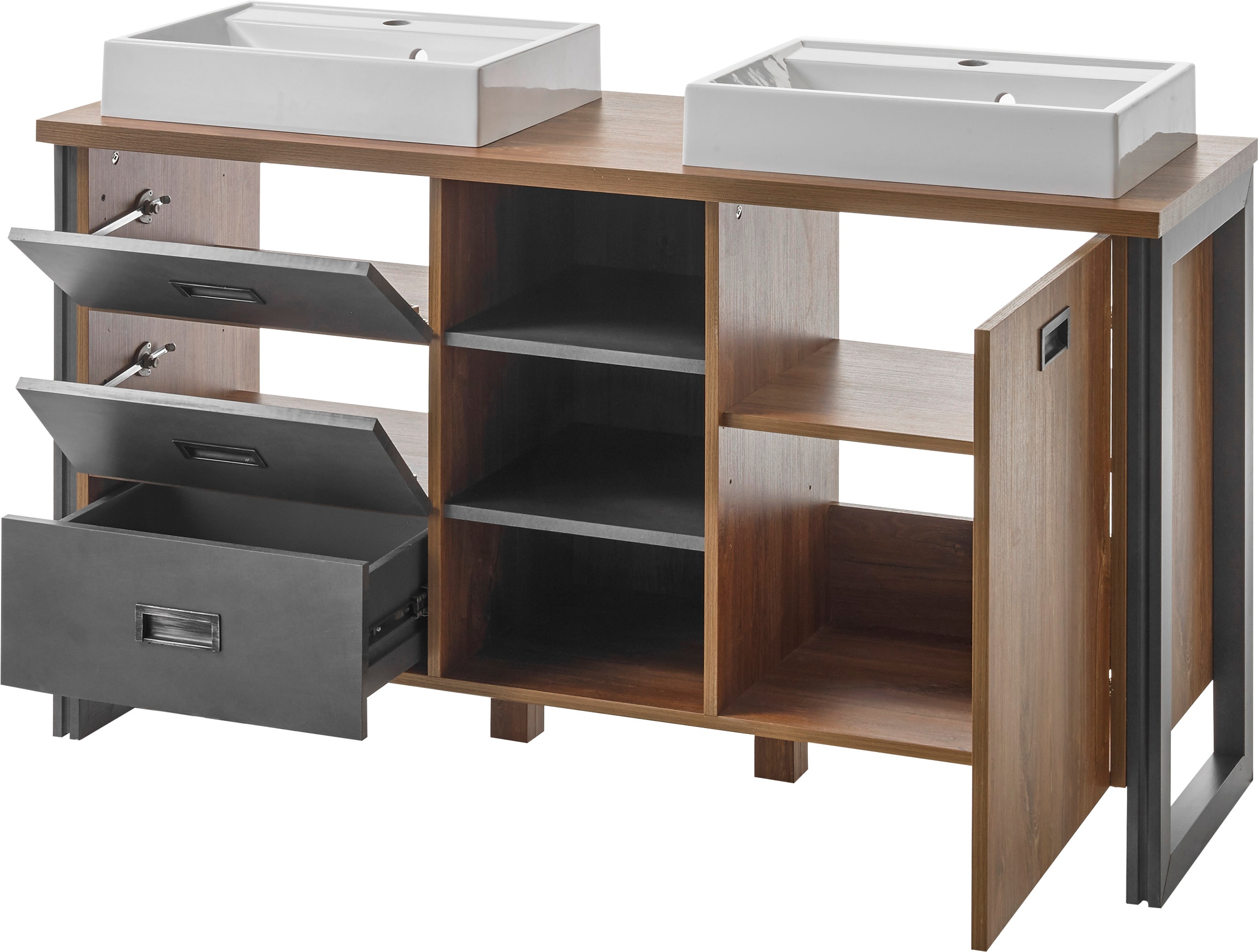 Home affaire Badmöbel-Set »Detroit, Bad im Industrialdesign, inkl. LED, 2-teiliges Badezimmer«, (3 St.), Waschtisch und Spiegel, inkl. zwei Aufsatzwaschbecken aus Mineralguss