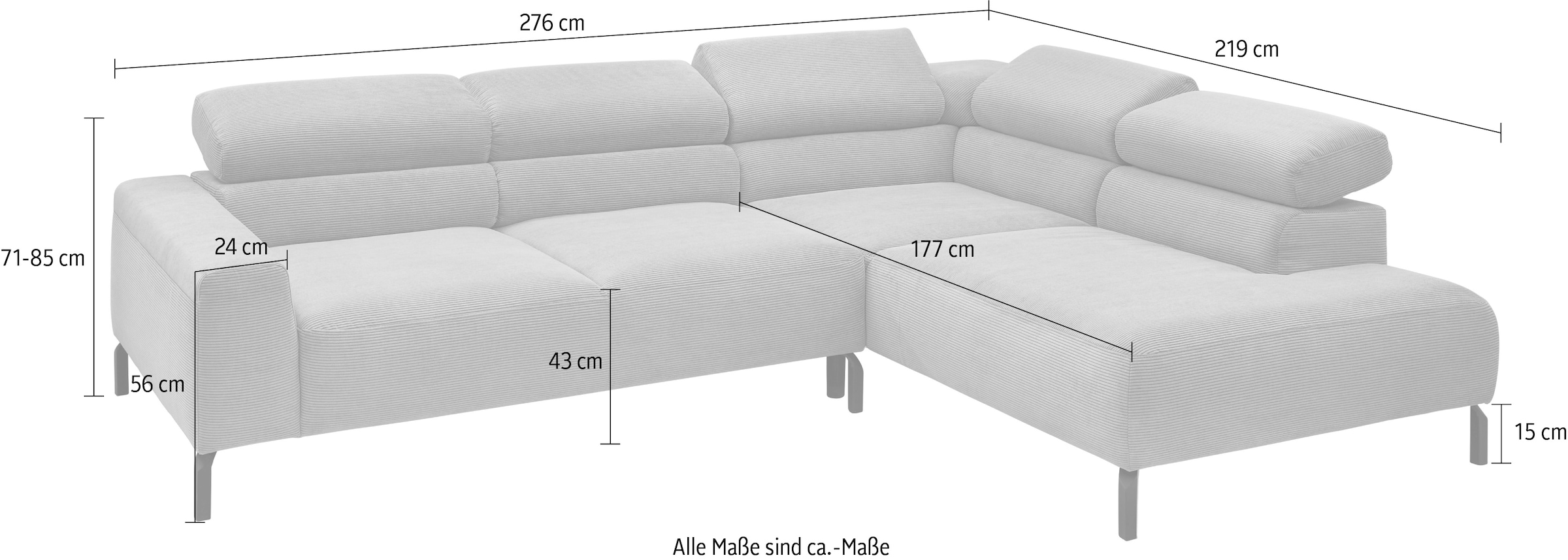 Home affaire Ecksofa »Antonelli, L-Form,  inkl. Kopfteilverstellung, Breite 276 cm« ohne Sitztiefenverstellung, in Cord, taupe