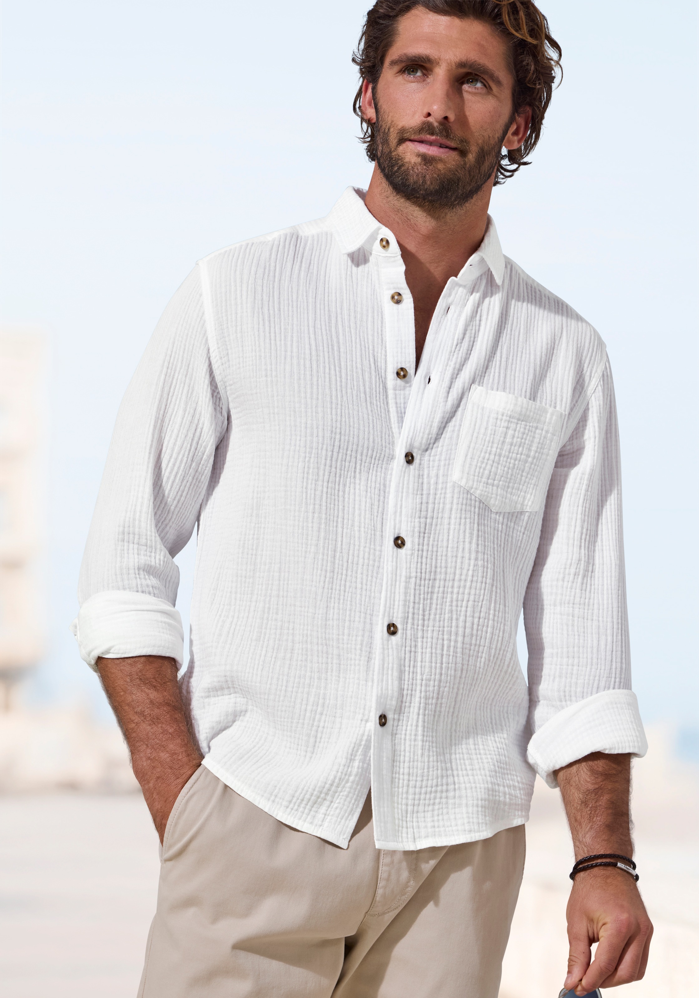 Beachtime Chemise à manches longues »Regular fit« Langarm, Freizeithemd aus Musselin-Ware