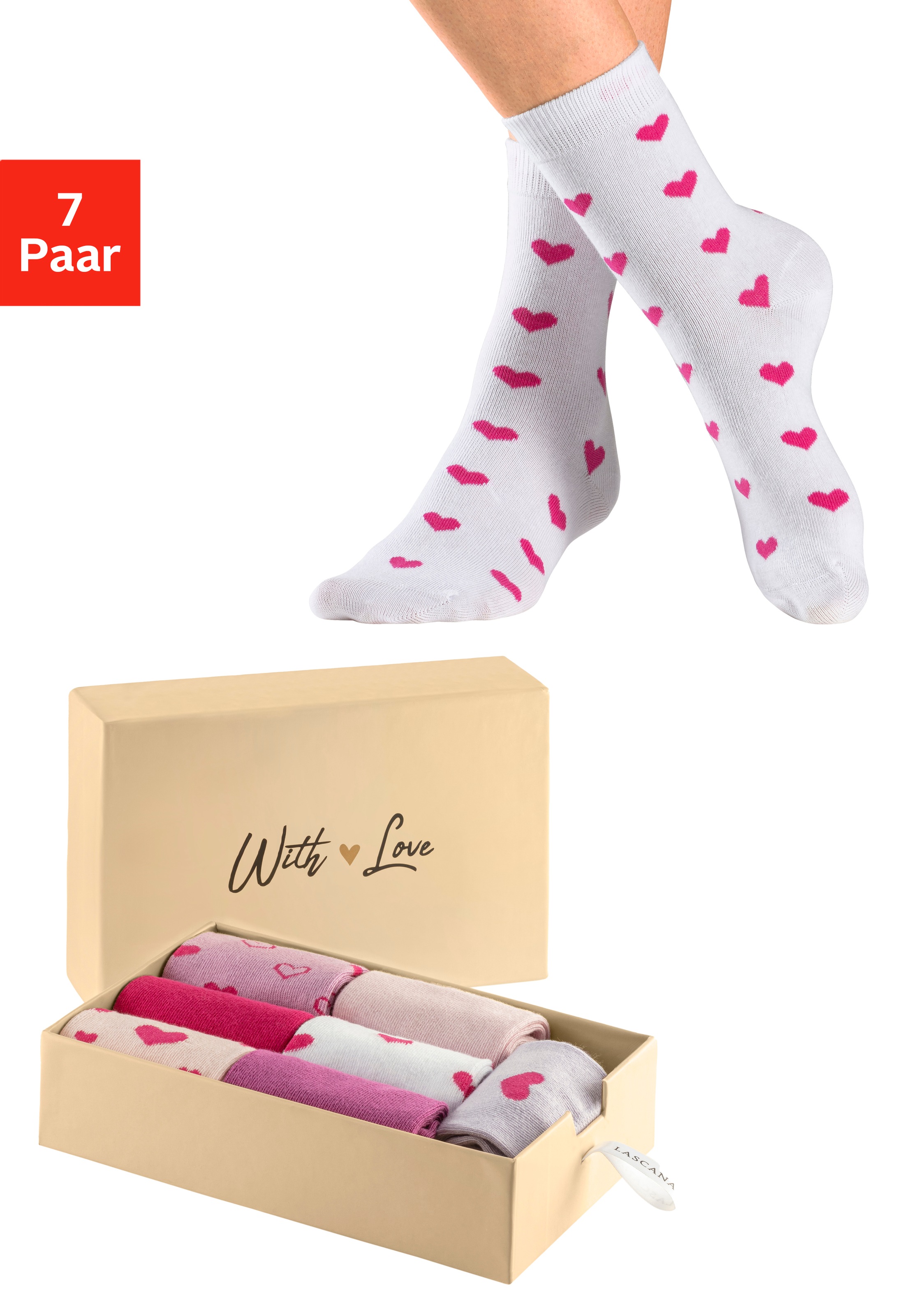 Image of LASCANA Basicsocken "Valentine Damensocken Motivsocken Herzen" Box, 7 Stk. tlg. in Geschenkbox für den Valentinstag