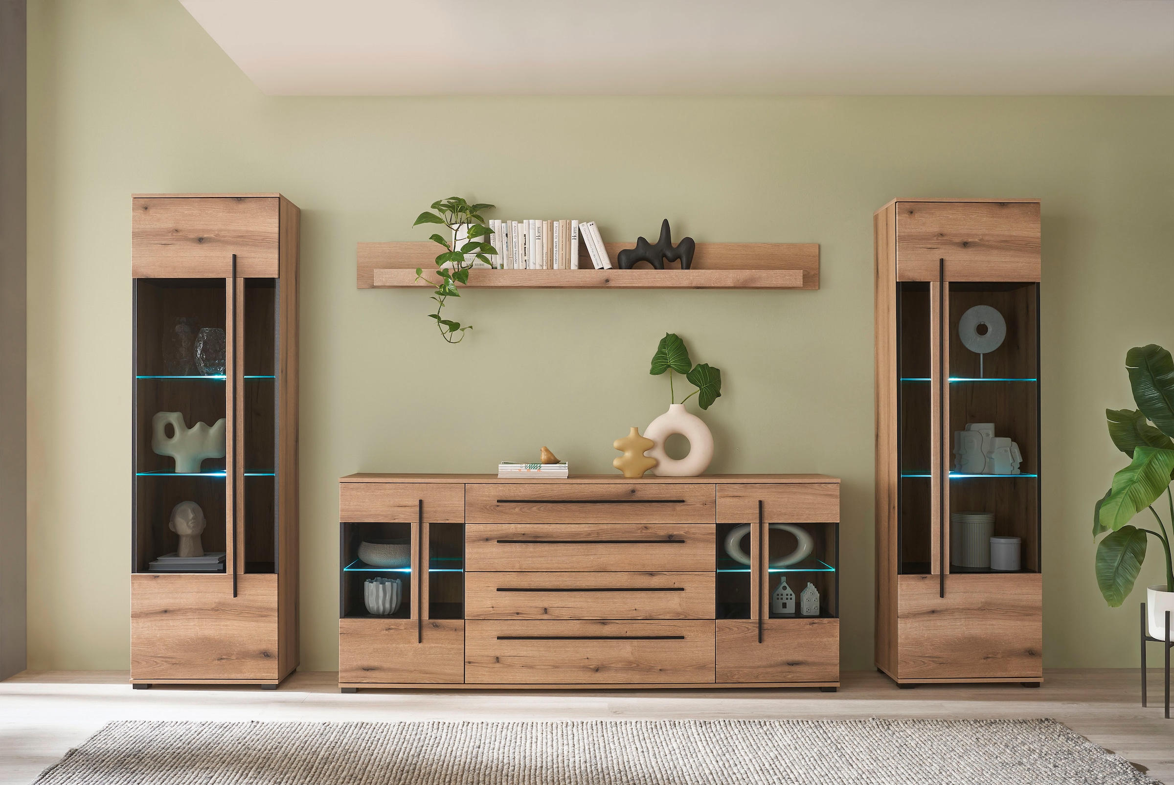 INOSIGN Wohnwand »Cantara, moderne Anbauwand, Wohnzimmer-Set, in Eiche Evoke oder Weiss«, (Set), enthält zwei Vitrinen, ein Sideboard und ein Wandboard