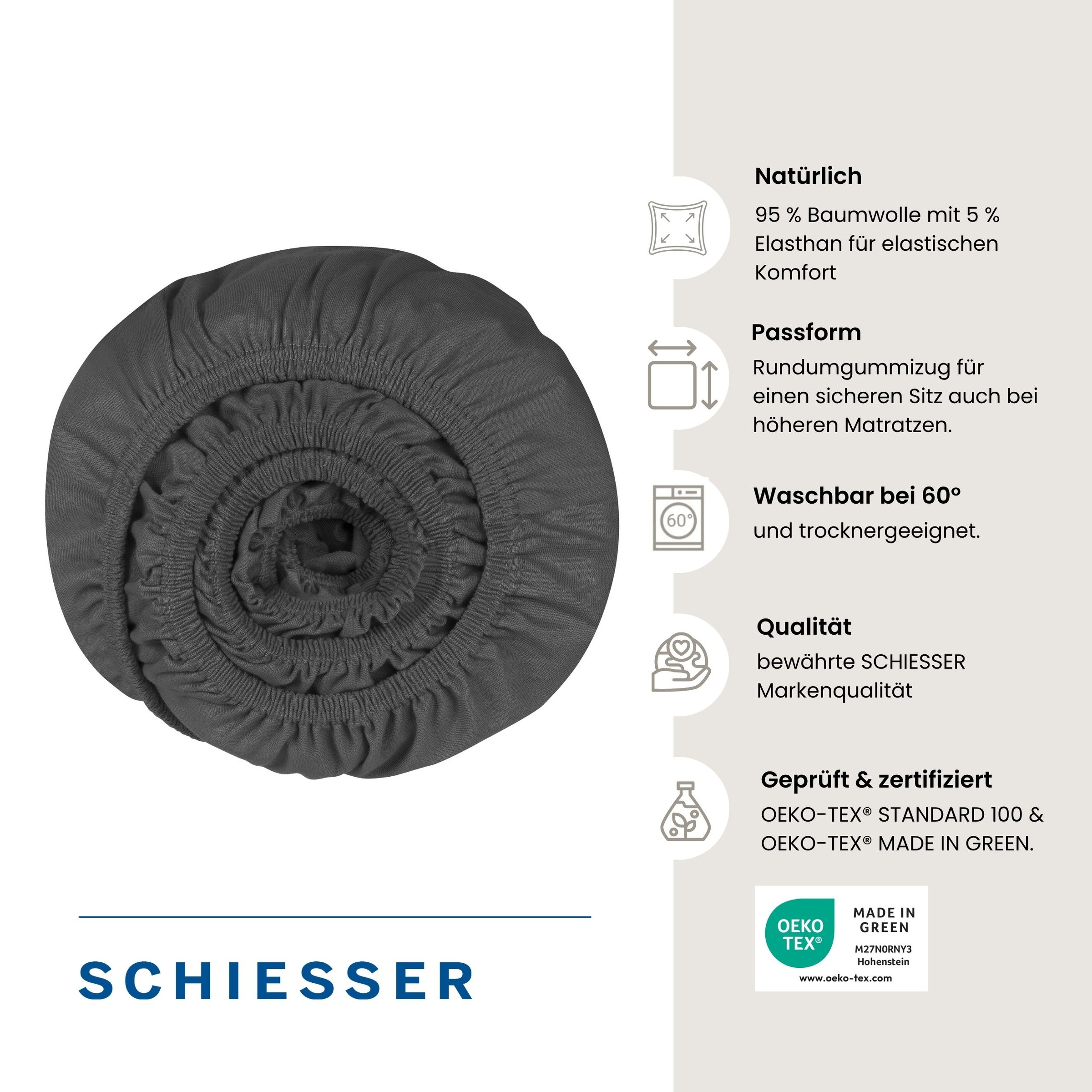 Schiesser Spannbettlaken Anthrazit - SCHIESSER Home, Größe 150*200, 95 % Baumwolle, 5 % Elasthan
